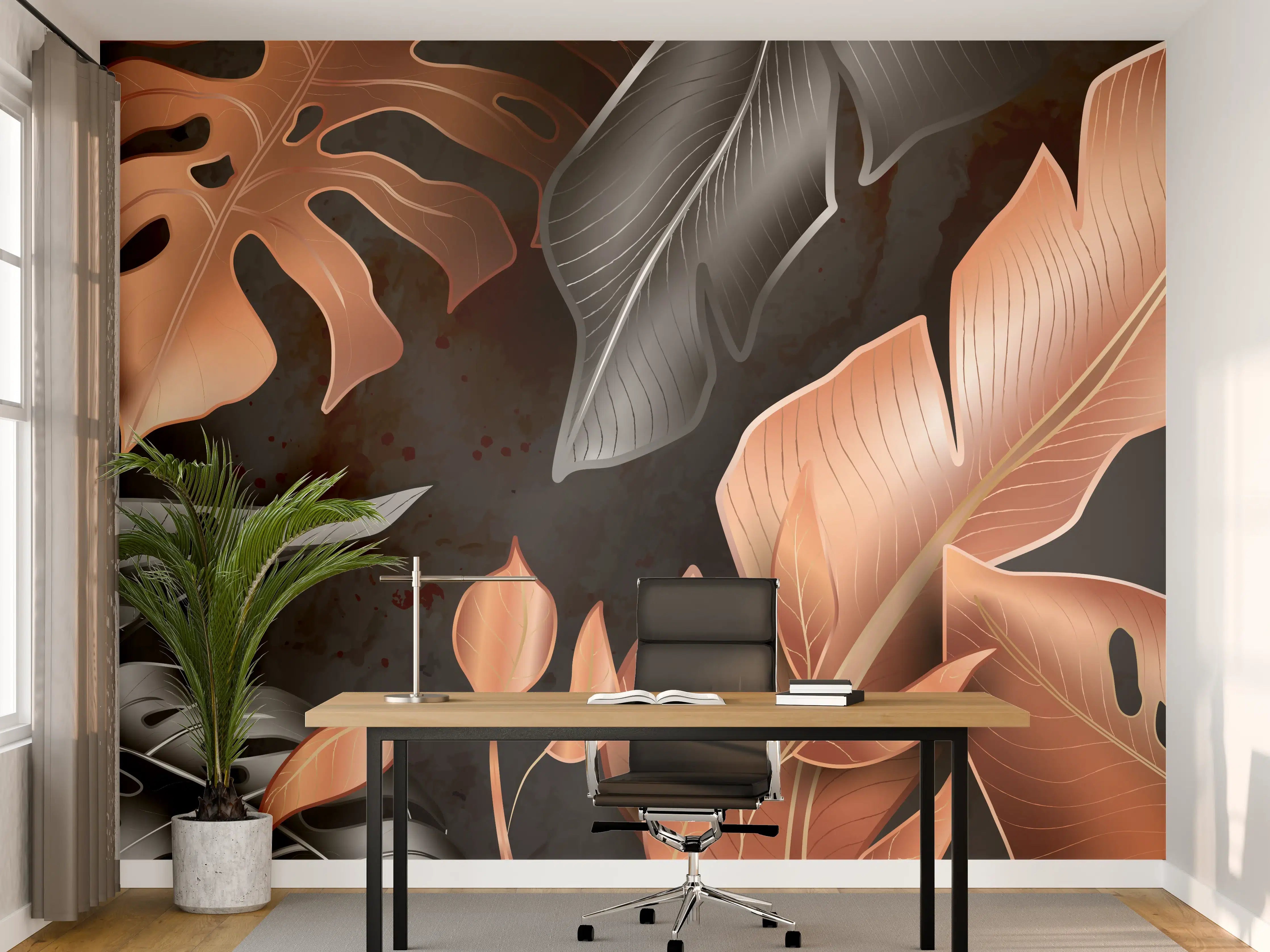 Büro Wandgestaltung - Florale Muster Schwarz Kupfer
