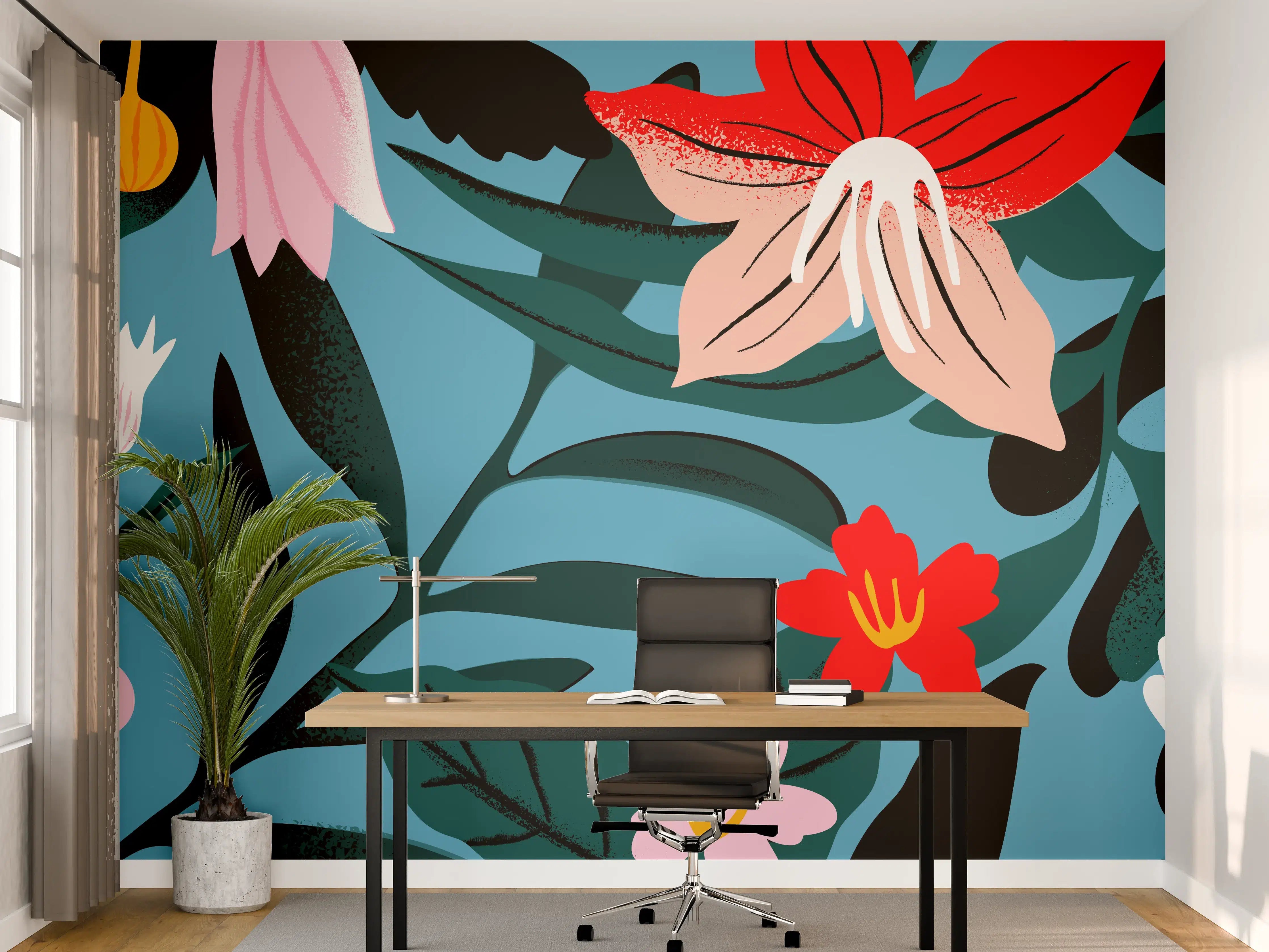 Büro Wandgestaltung - Florales Blau-Rot Muster