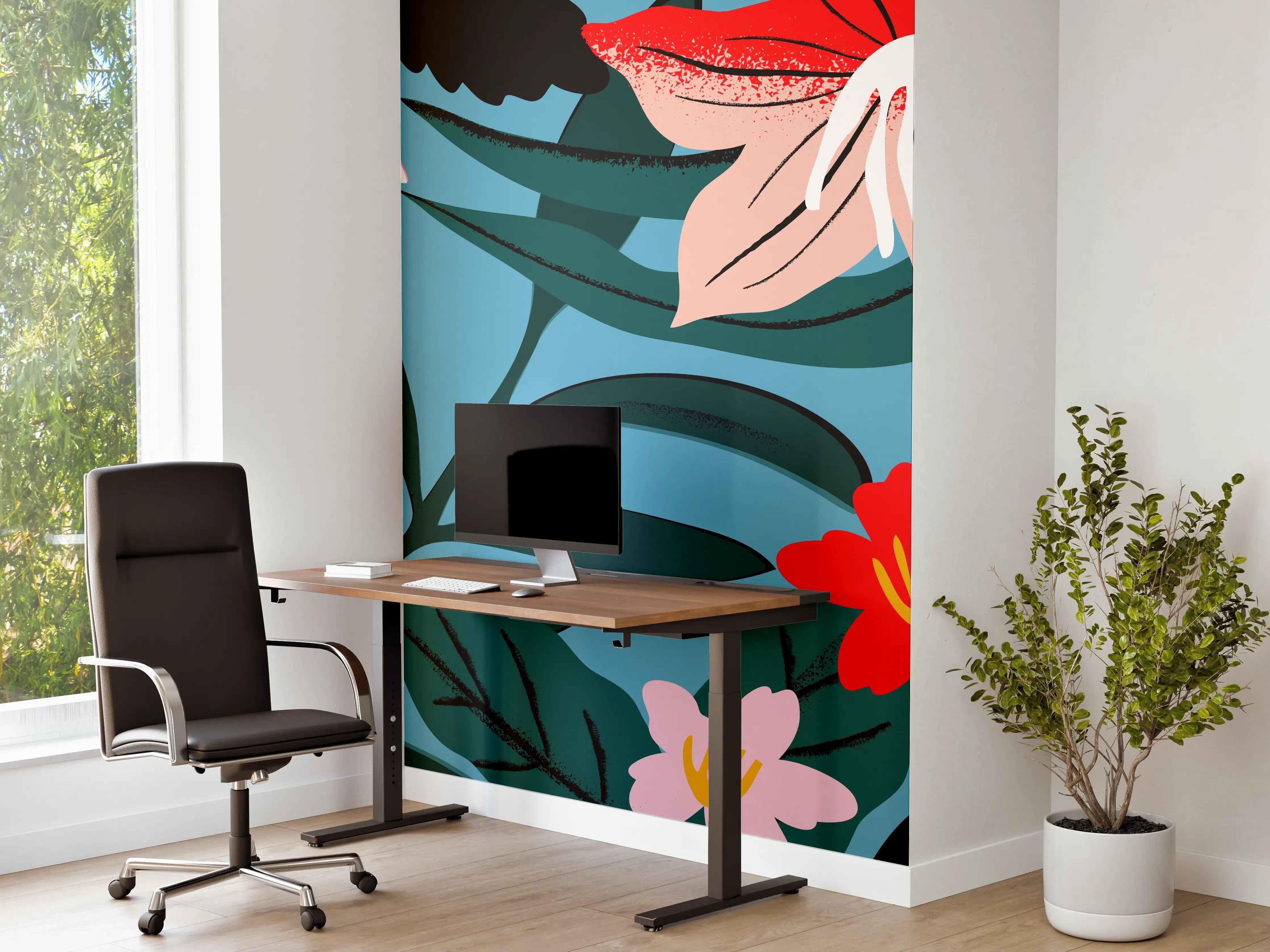 Büro Wandgestaltung - Florales Blau-Rot Muster