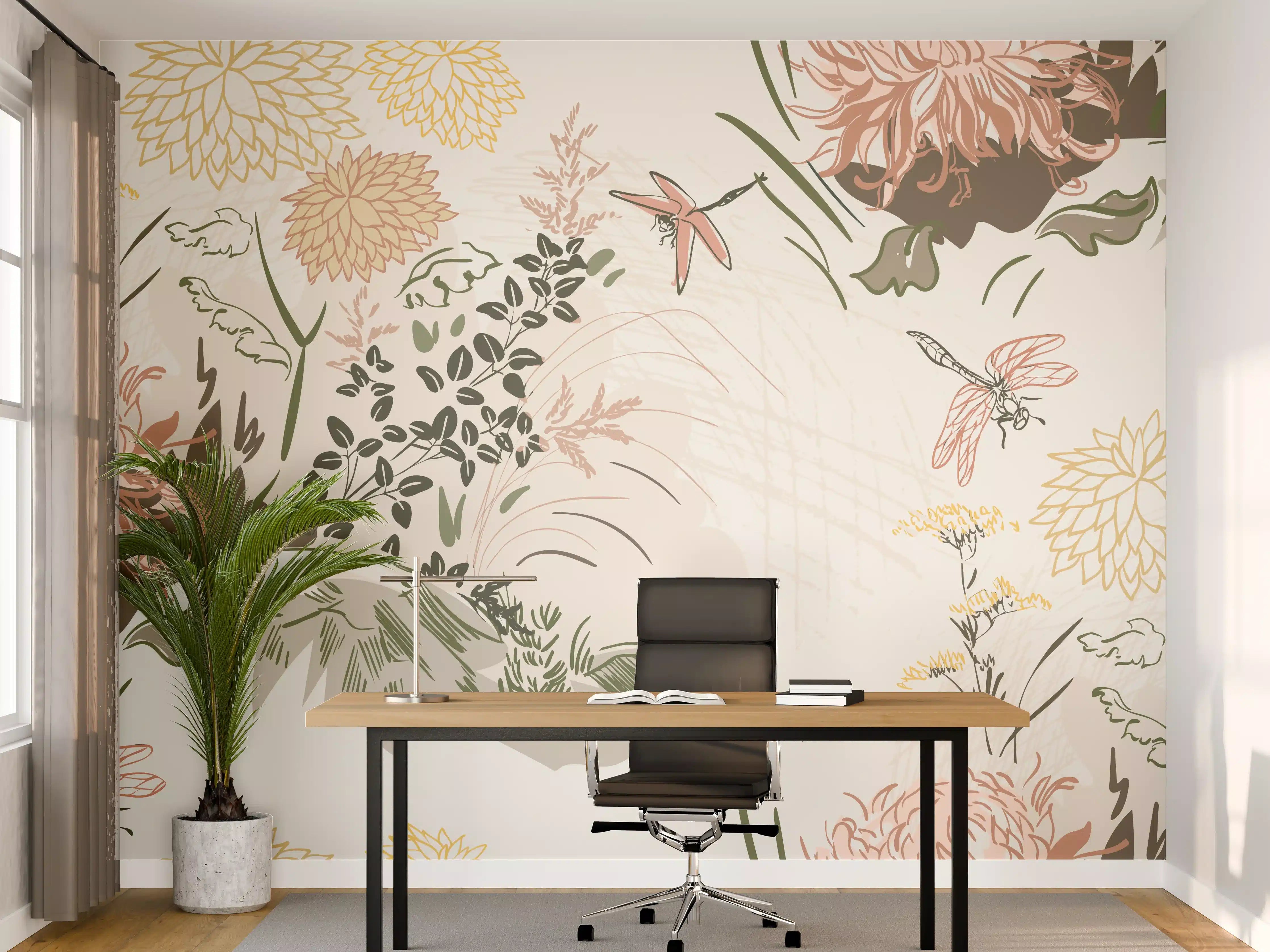 Büro Wandgestaltung - Florales Muster Beige-Grün-Rosa