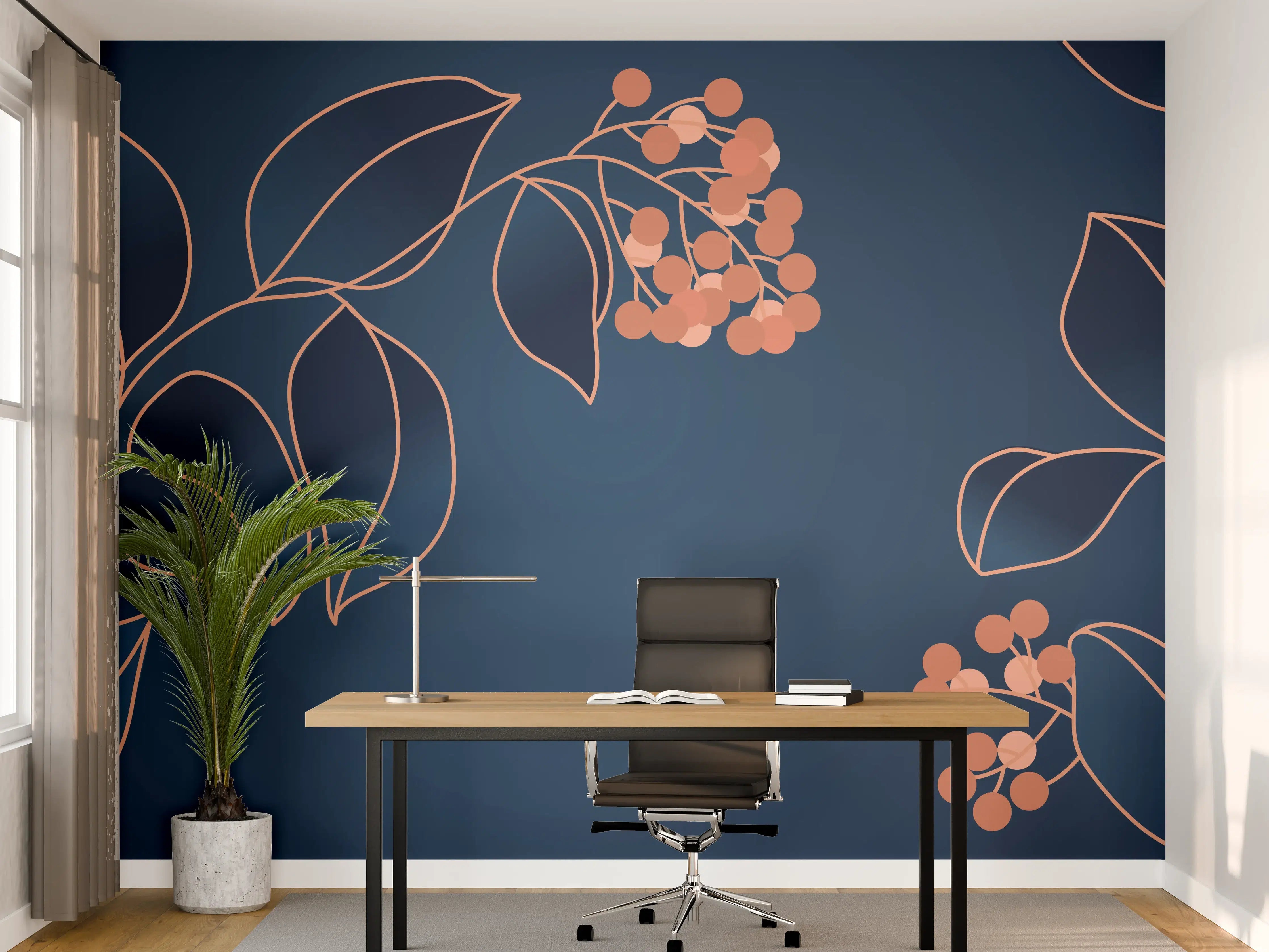 Büro Wandgestaltung - Florales Muster Navy-Orange