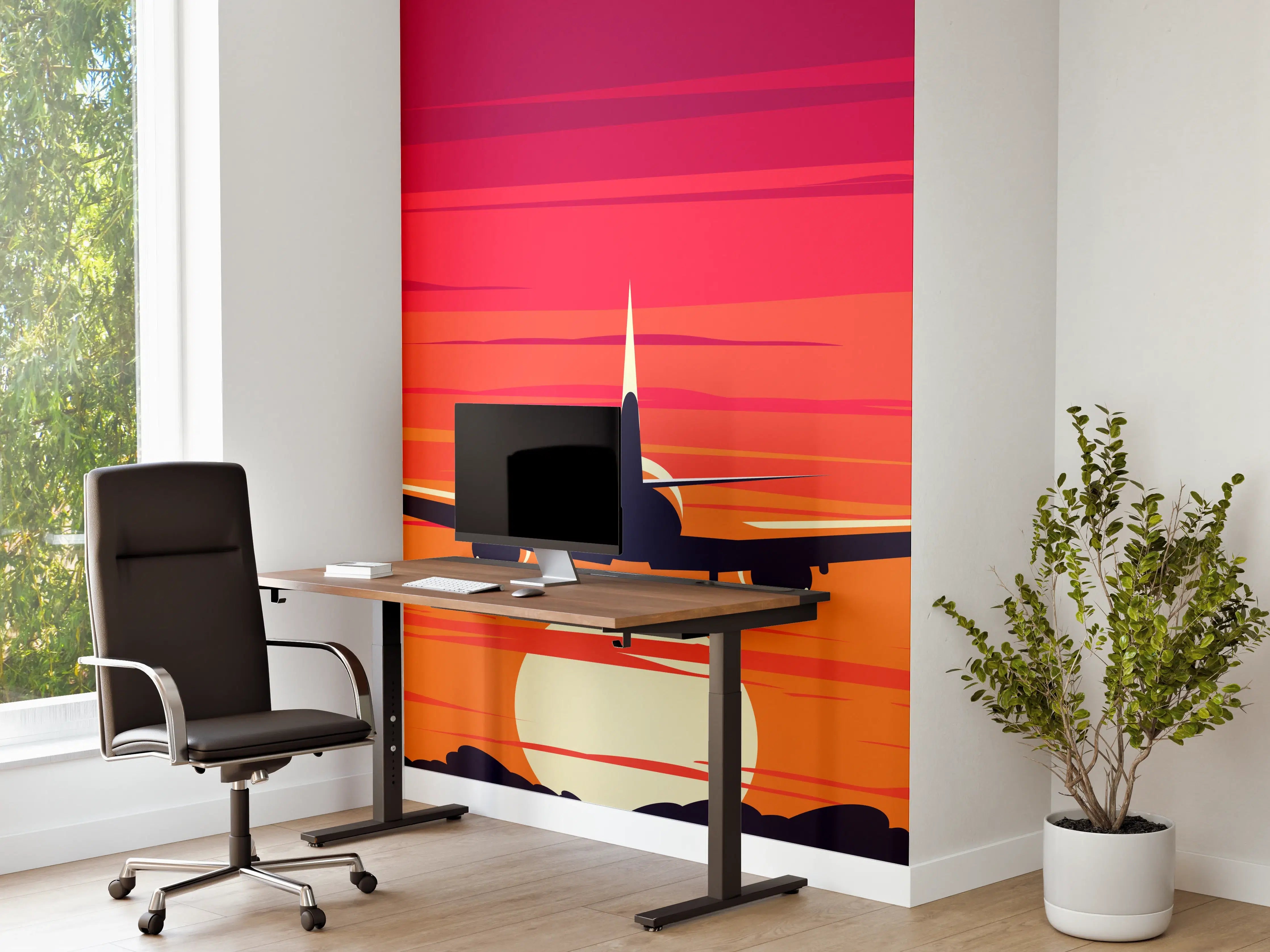 Büro Wandgestaltung - Flugzeug Silhouette Sonnenuntergang