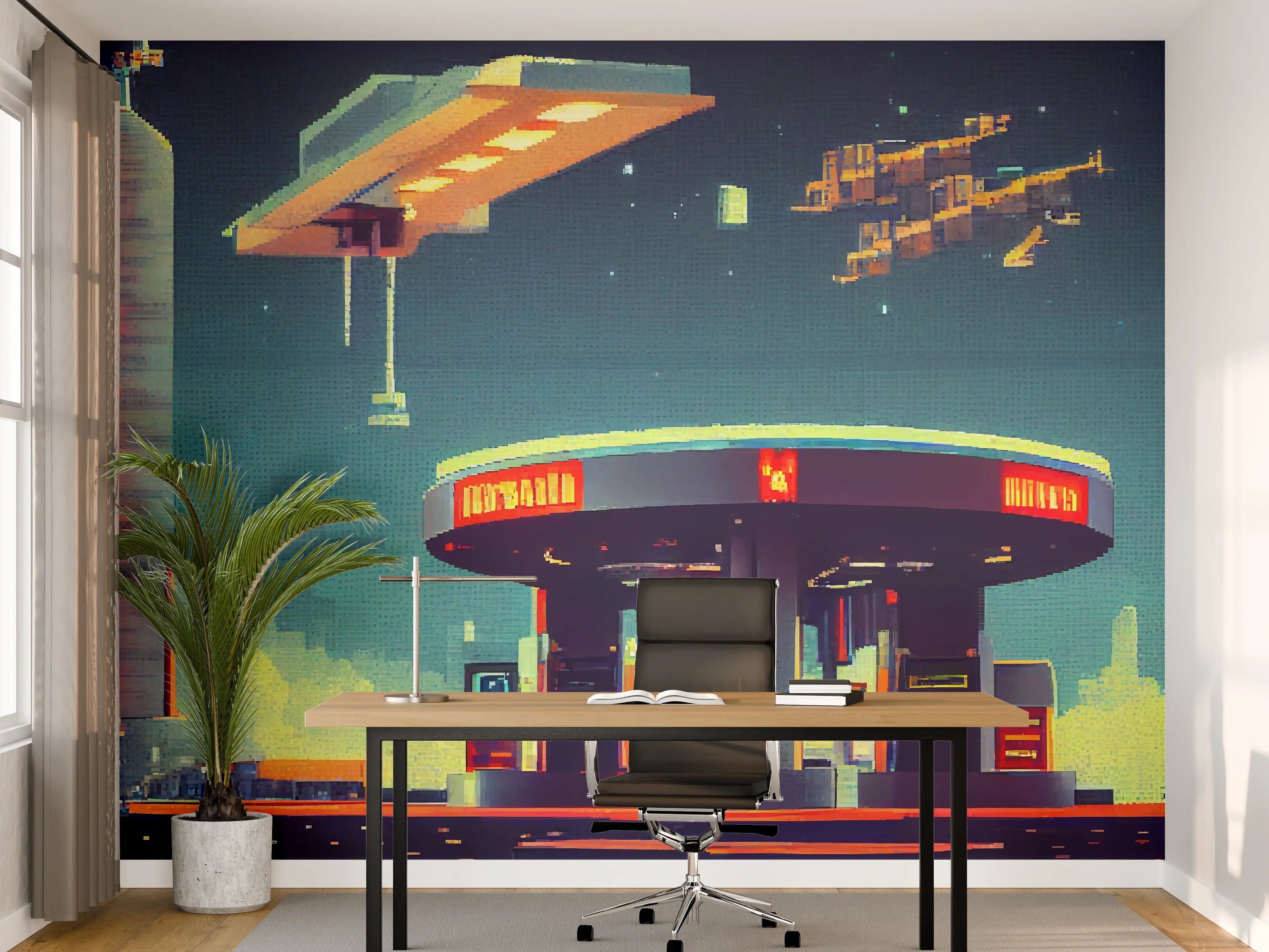Büro Wandgestaltung - Futuristische Illustration einer Cyberpunk-Tankstelle im Pixel-Art-Stil
