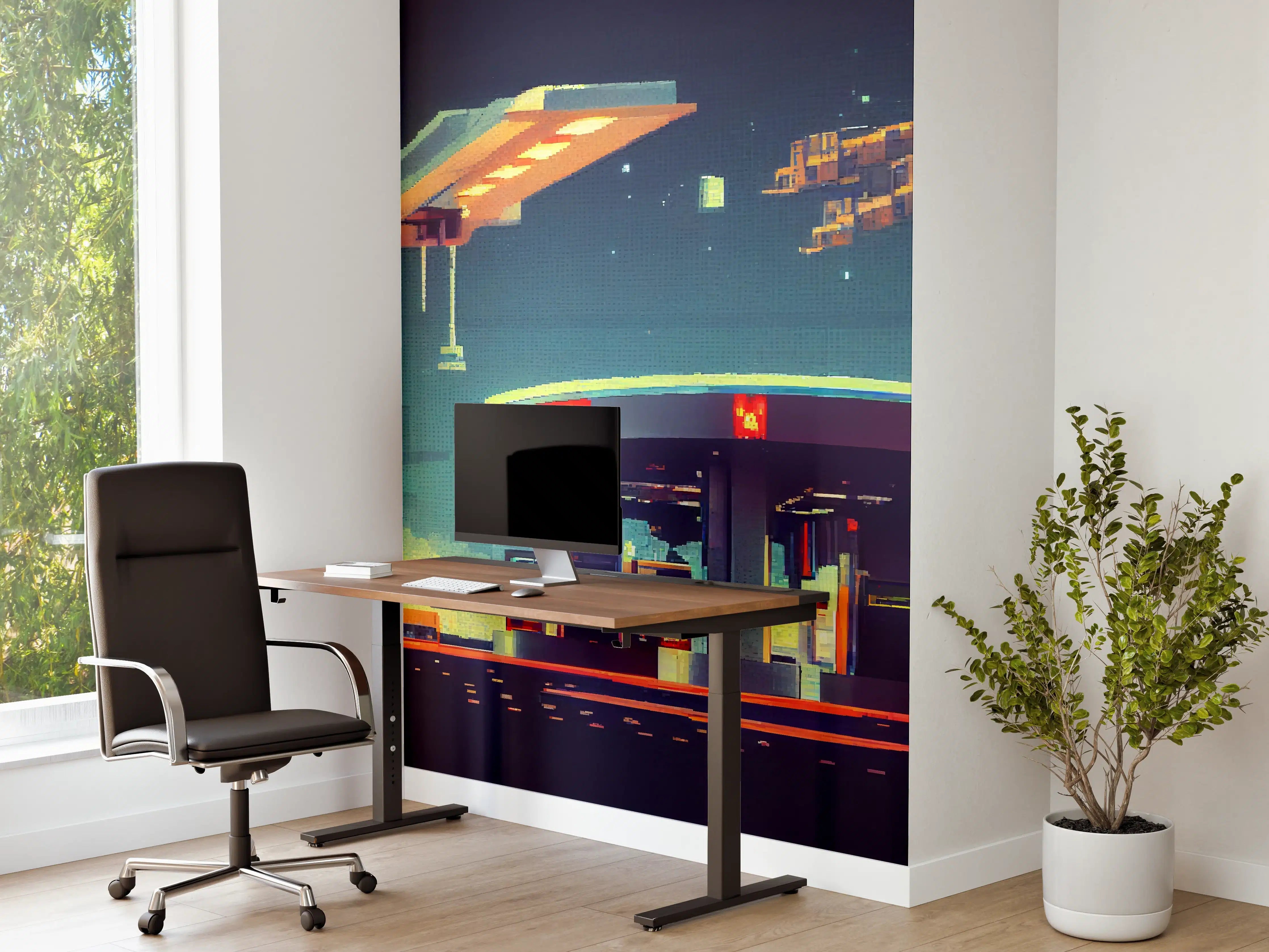 Büro Wandgestaltung - Futuristische Illustration einer Cyberpunk-Tankstelle im Pixel-Art-Stil