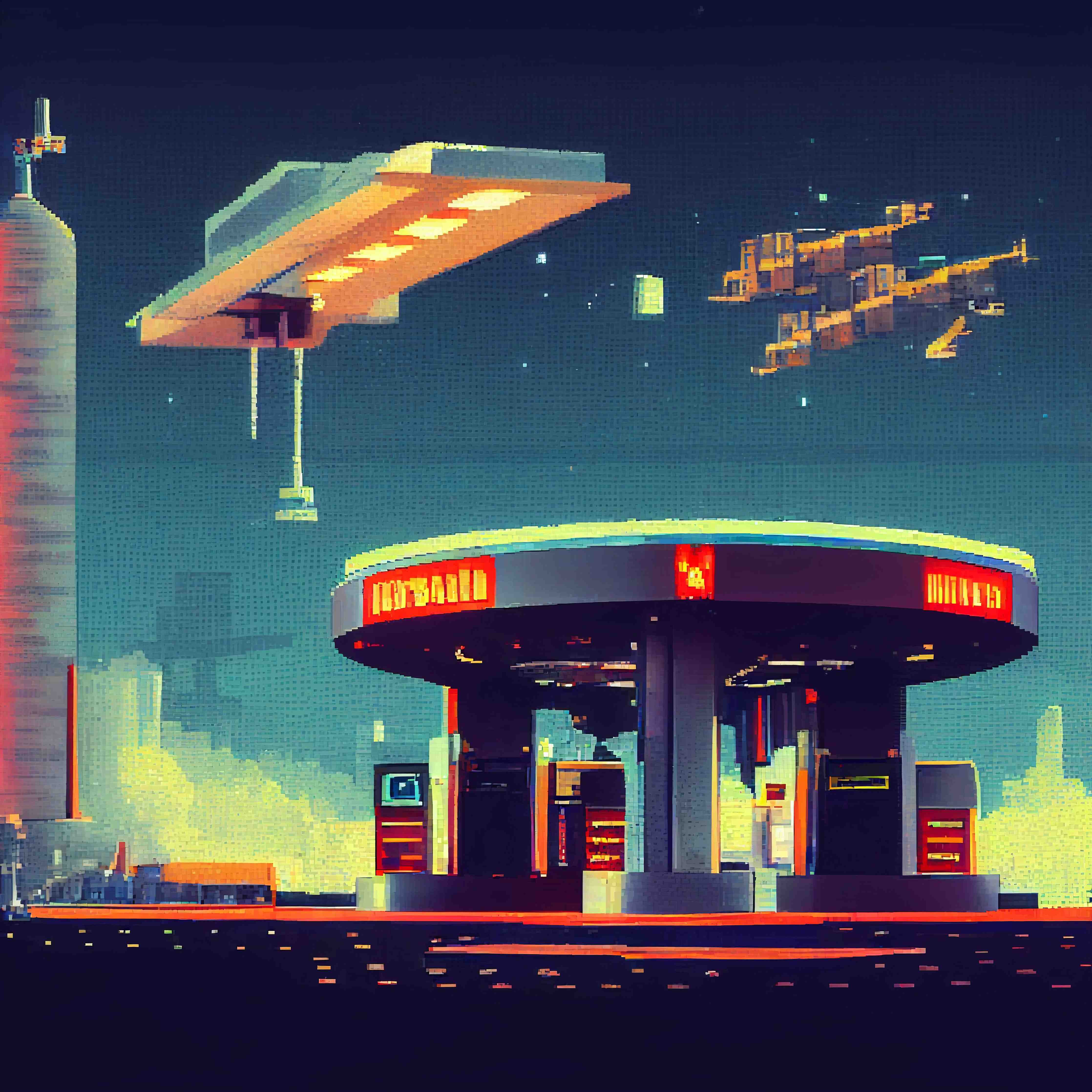 Büro Wandgestaltung-Futuristische Illustration einer Cyberpunk-Tankstelle im Pixel-Art-Stil