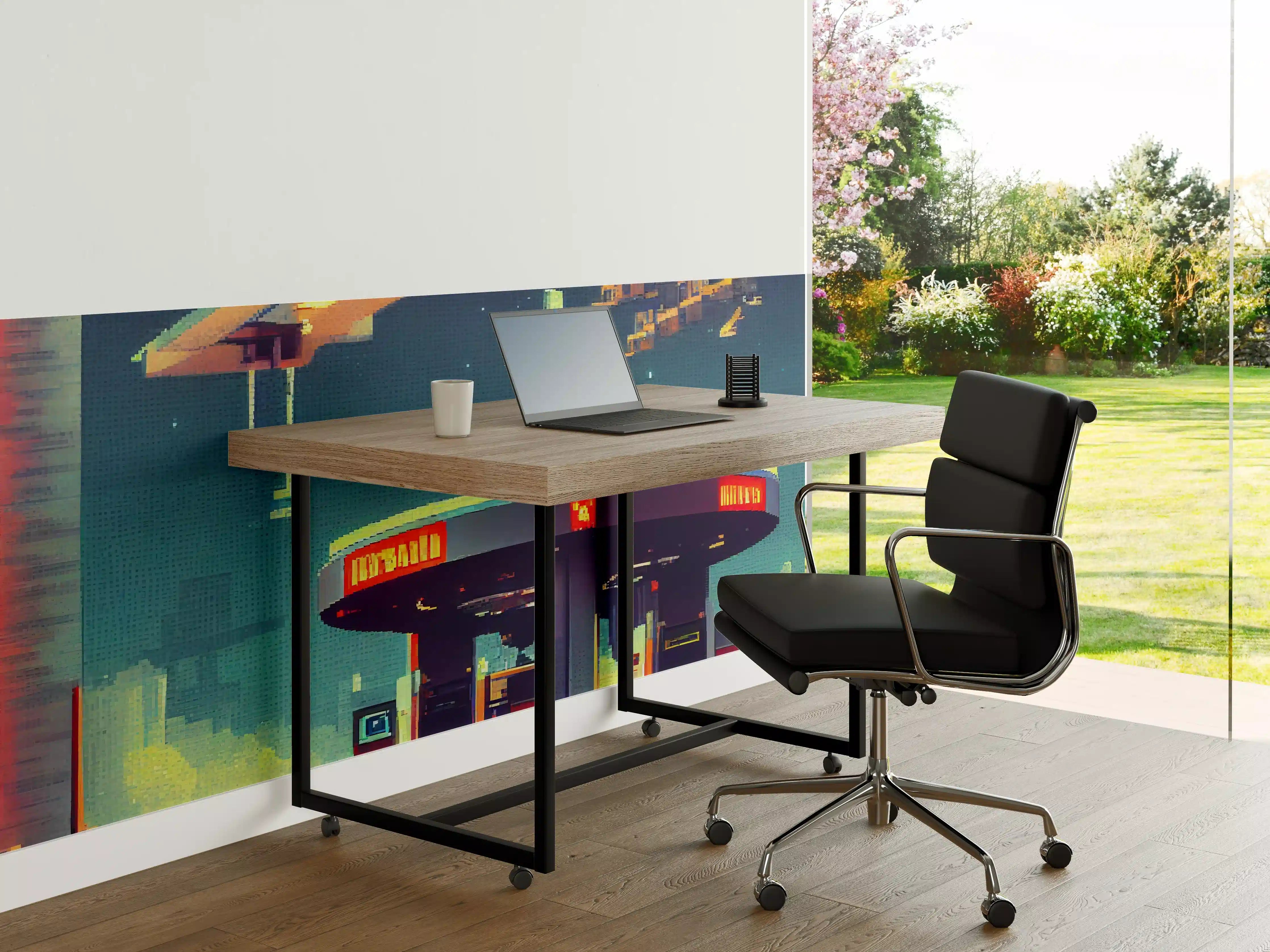 Büro Wandgestaltung - Futuristische Illustration einer Cyberpunk-Tankstelle im Pixel-Art-Stil
