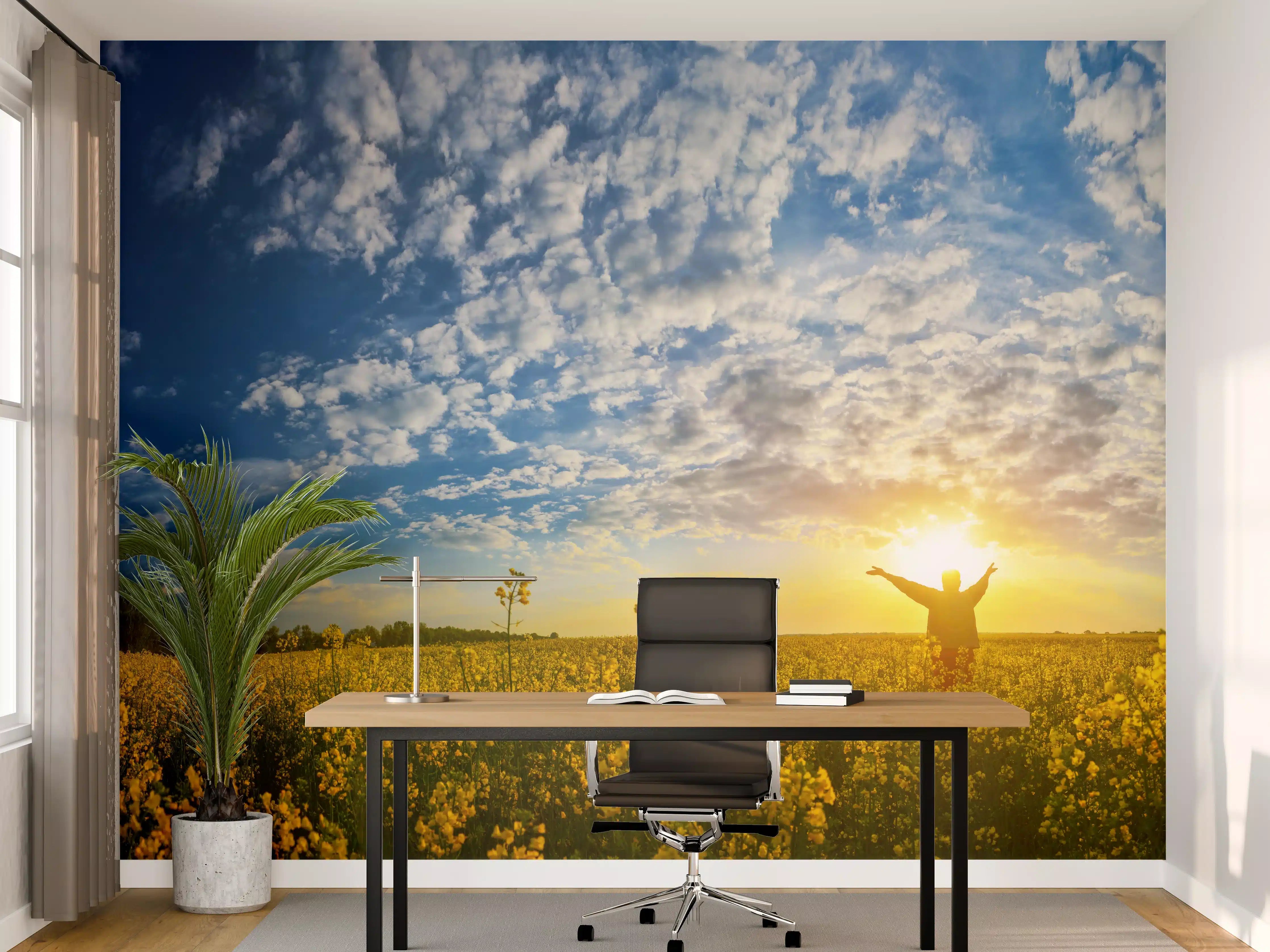 Büro Wandgestaltung - Gelbliches Blumenfeld am Morgen