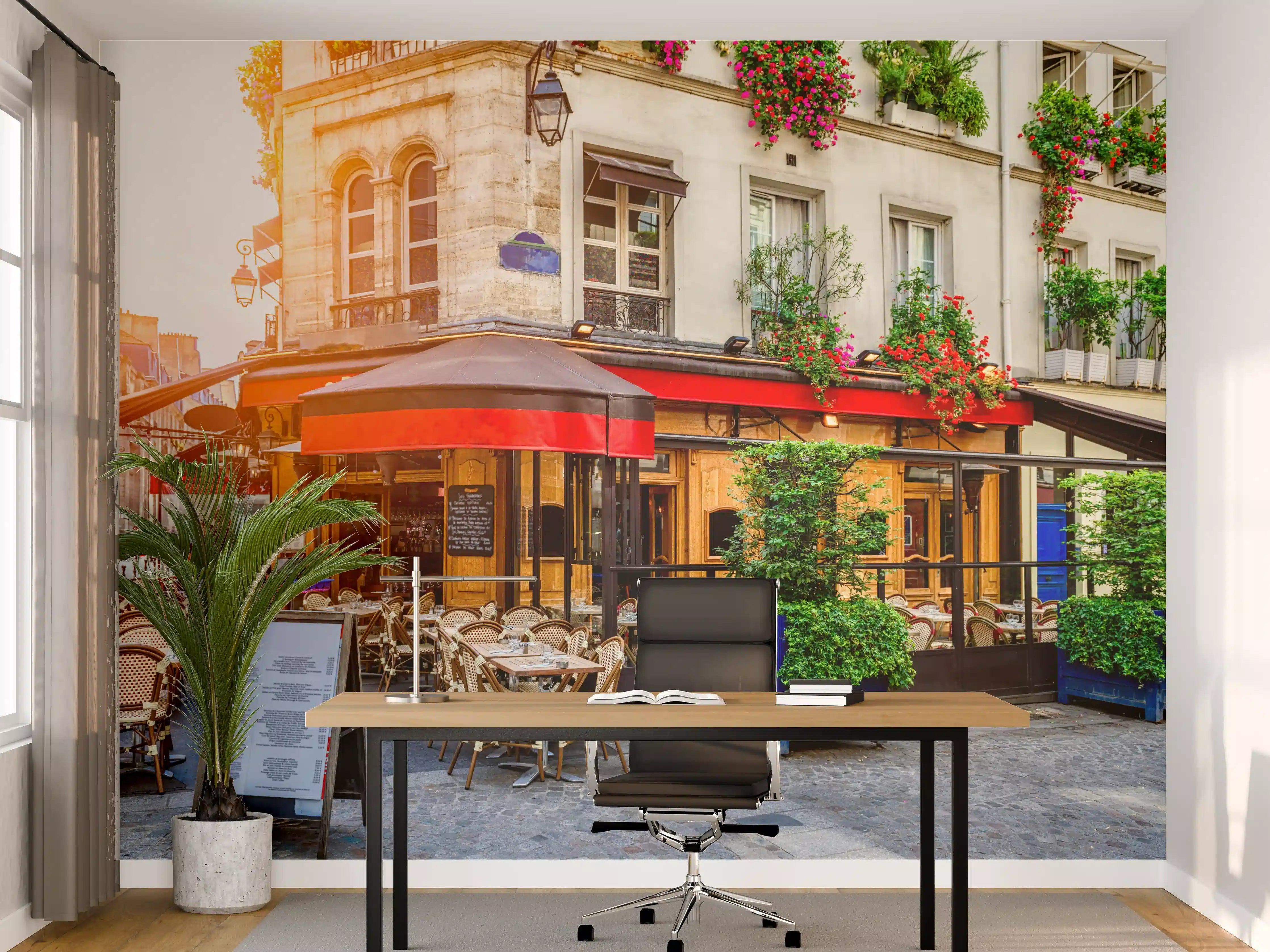 Büro Wandgestaltung - Gemütliche Straße mit Tischen eines Cafés in Paris