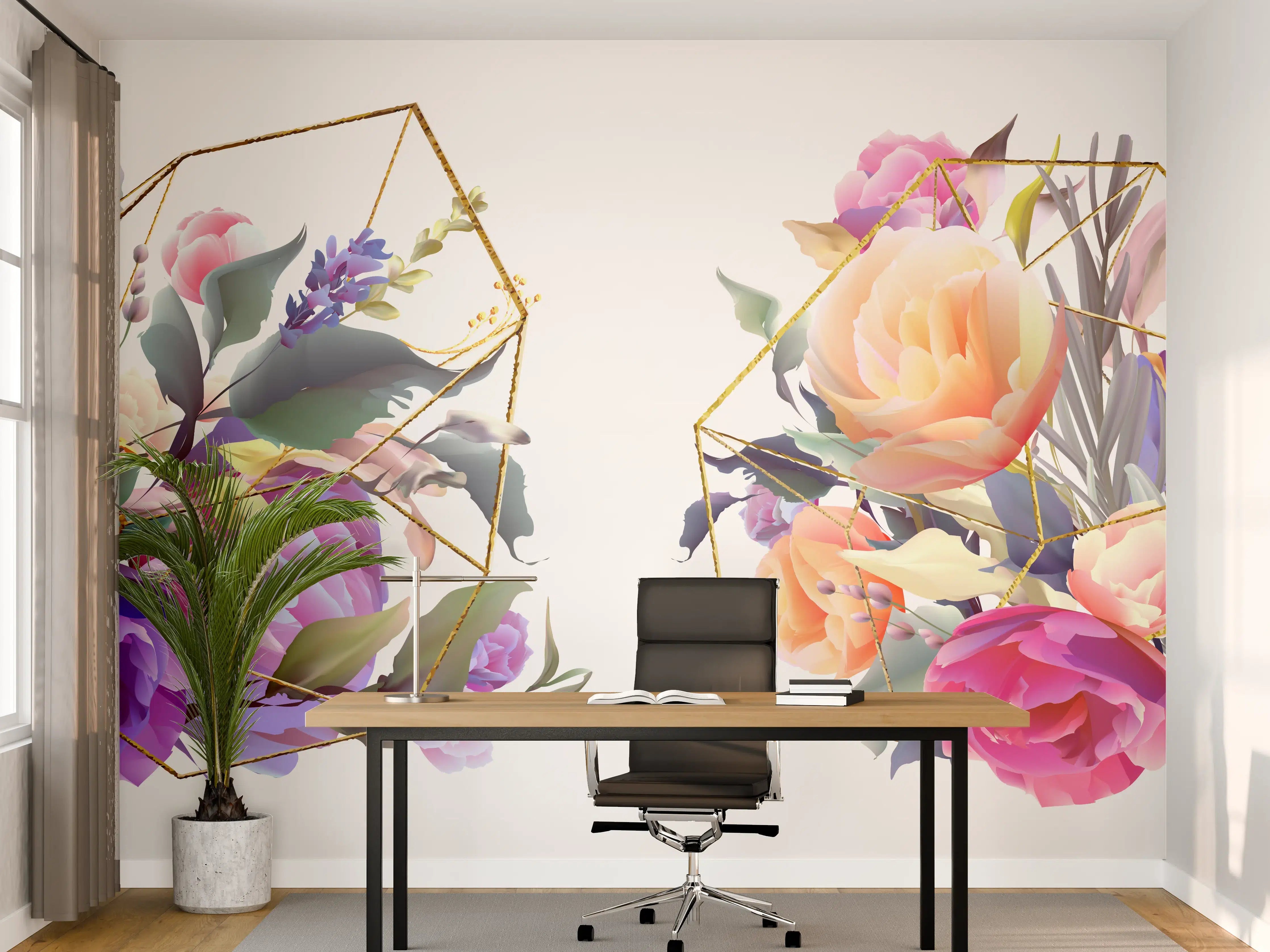 Büro Wandgestaltung - Geometrische Blumen Goldglanz