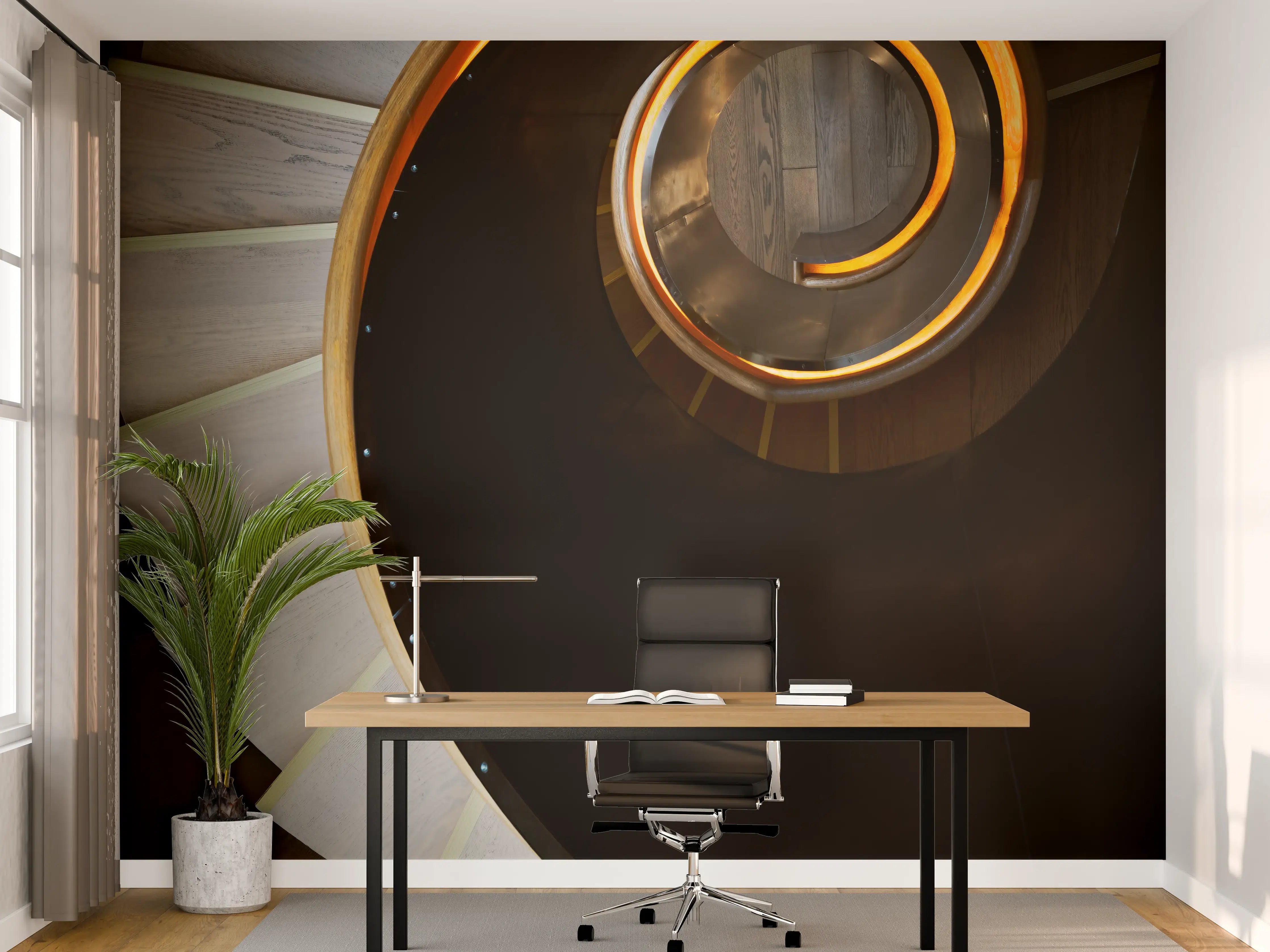 Büro Wandgestaltung - Geometrische Spiralstufen in Orange-Schwarz