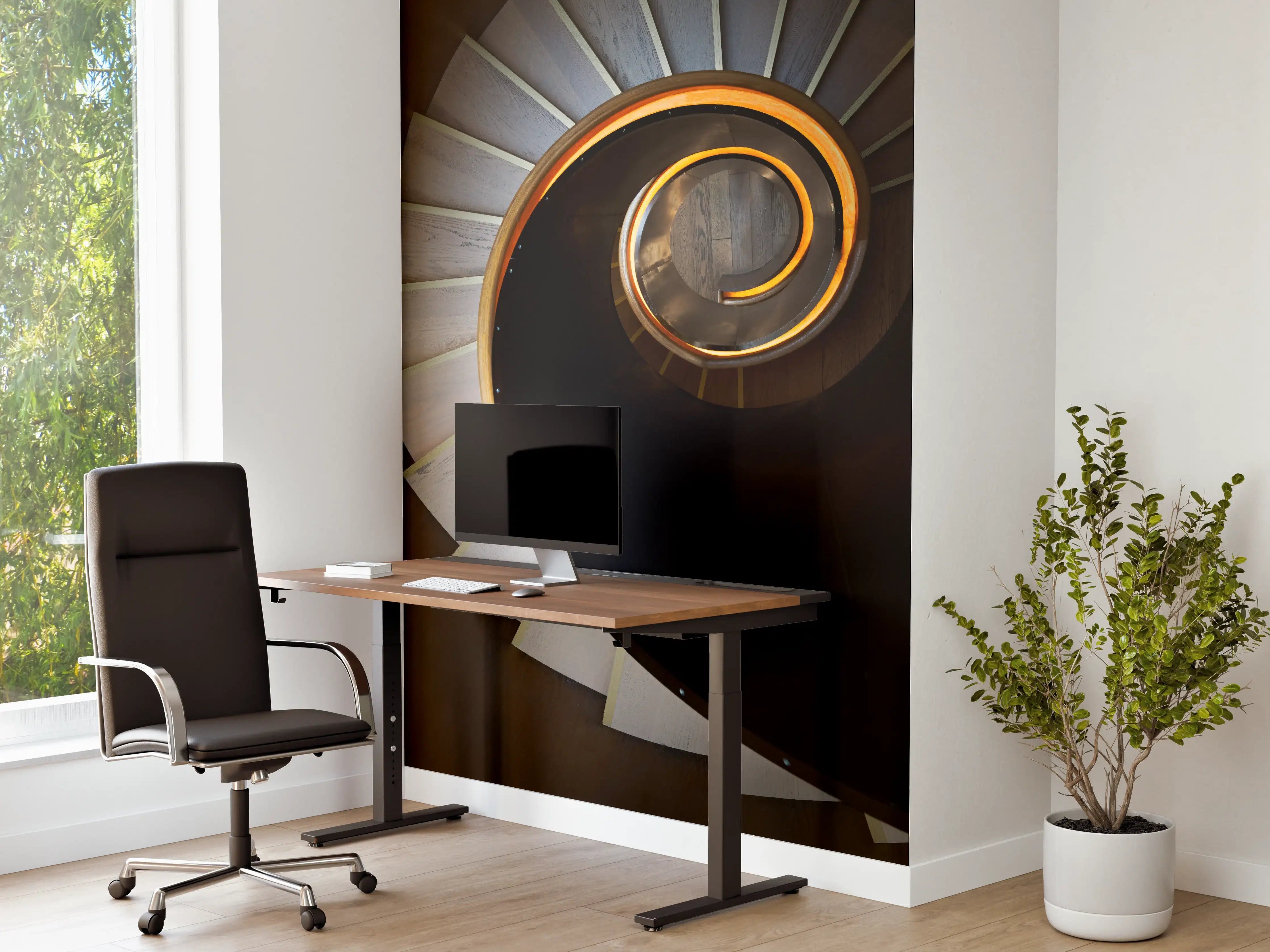 Büro Wandgestaltung - Geometrische Spiralstufen in Orange-Schwarz