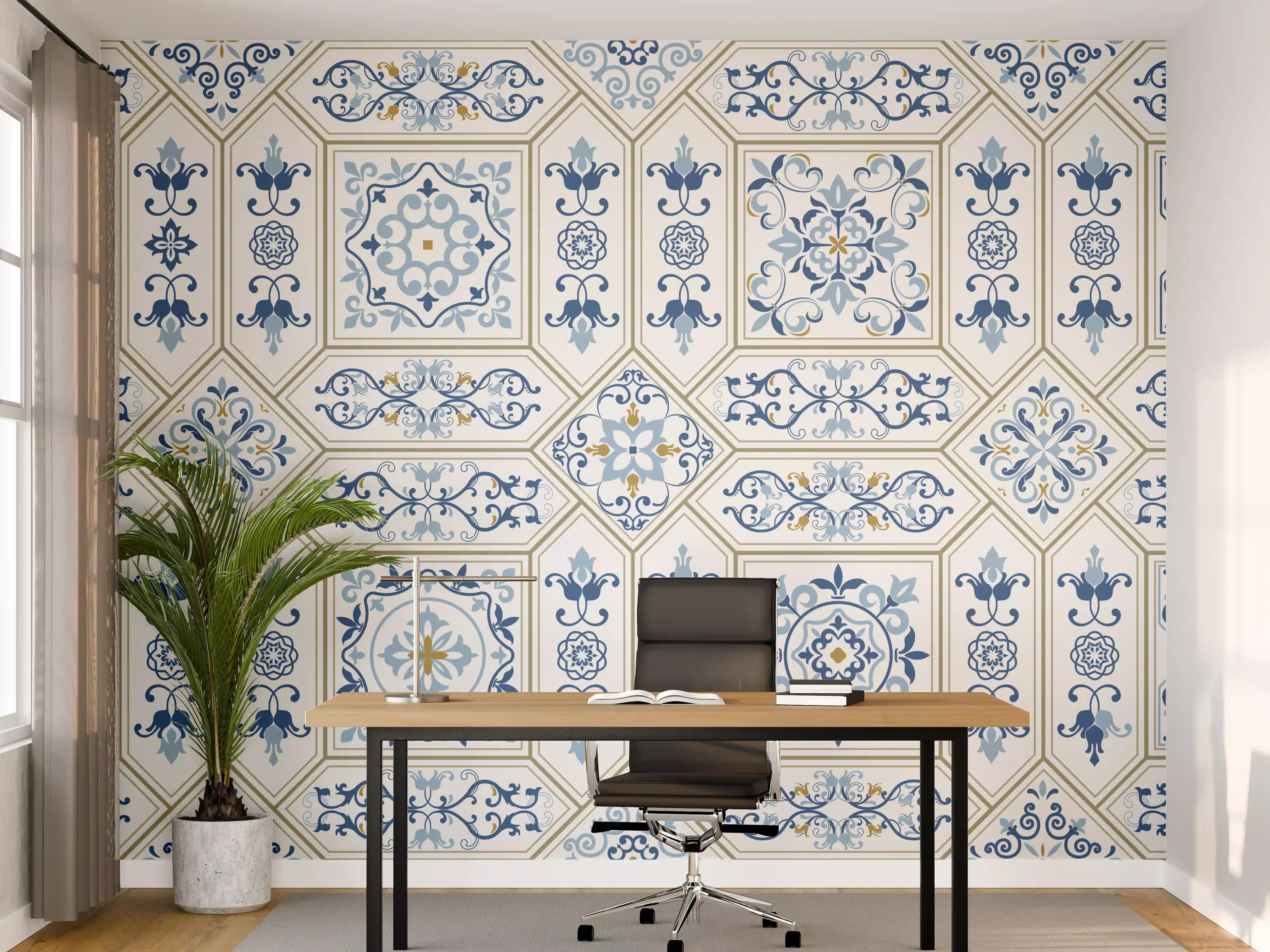 Büro Wandgestaltung - Geometrisches Blau-Weiß-Muster
