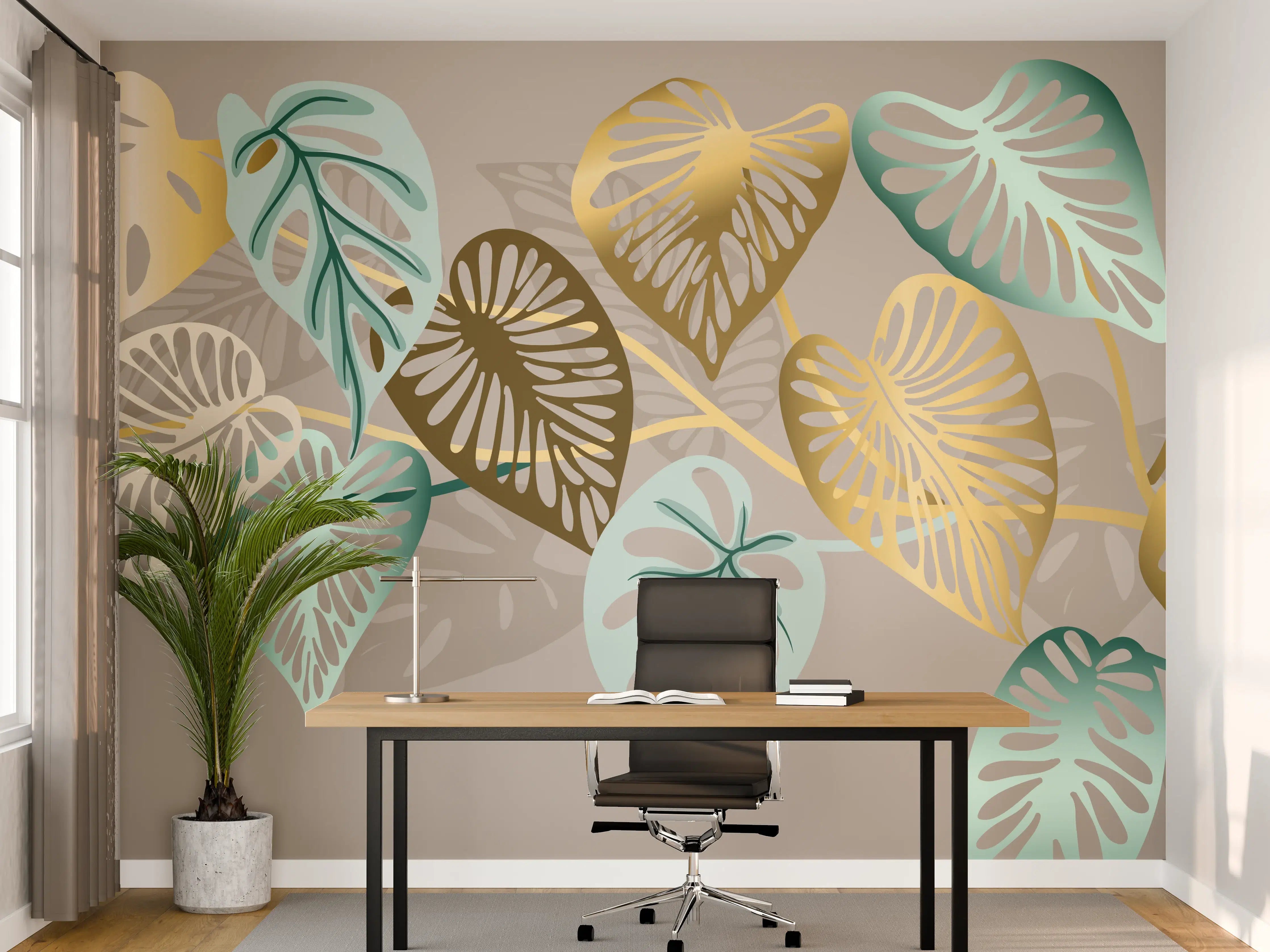 Büro Wandgestaltung - Gold-Beige Blätter-Muster-Dekor