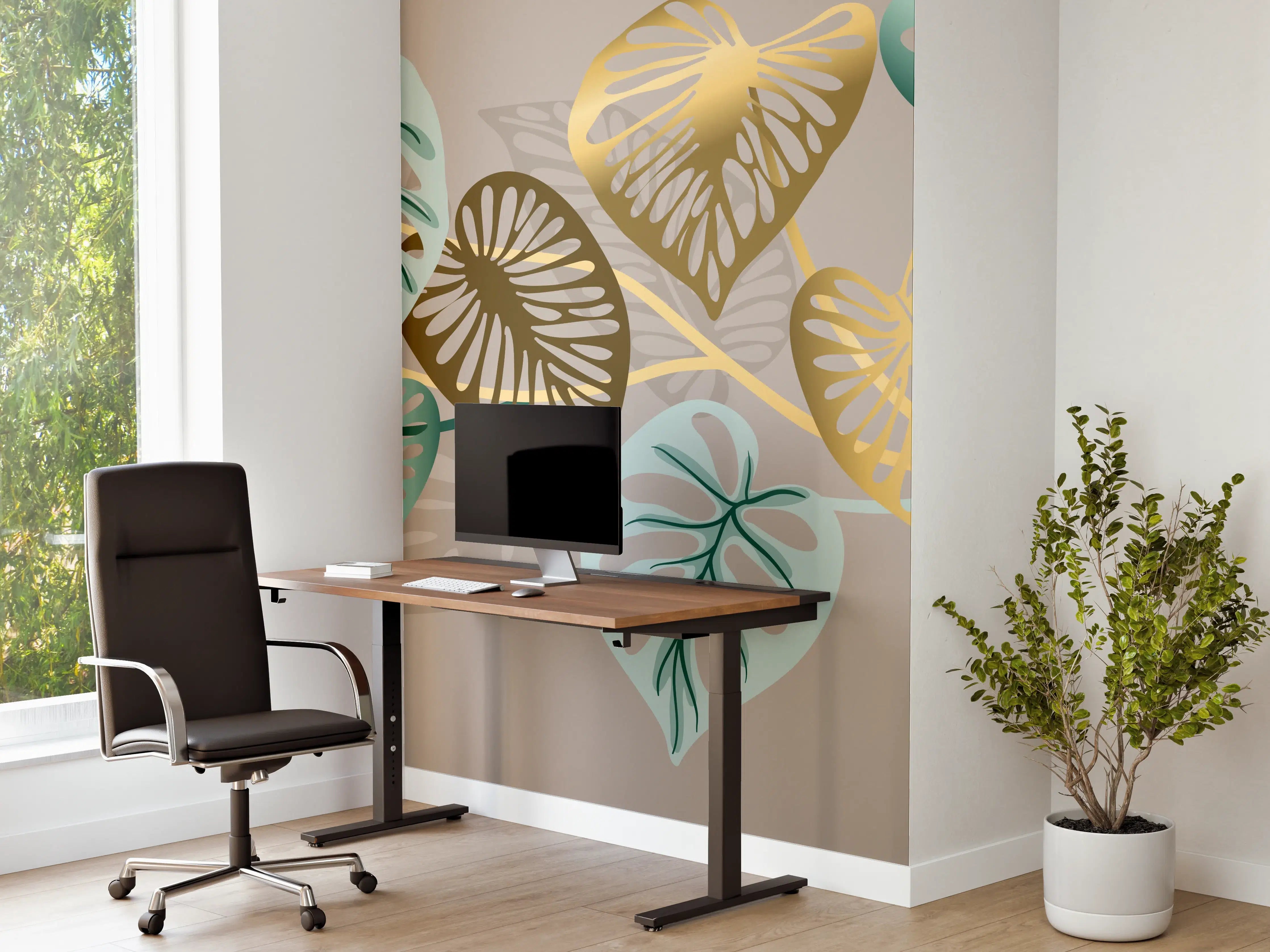 Büro Wandgestaltung - Gold-Beige Blätter-Muster-Dekor