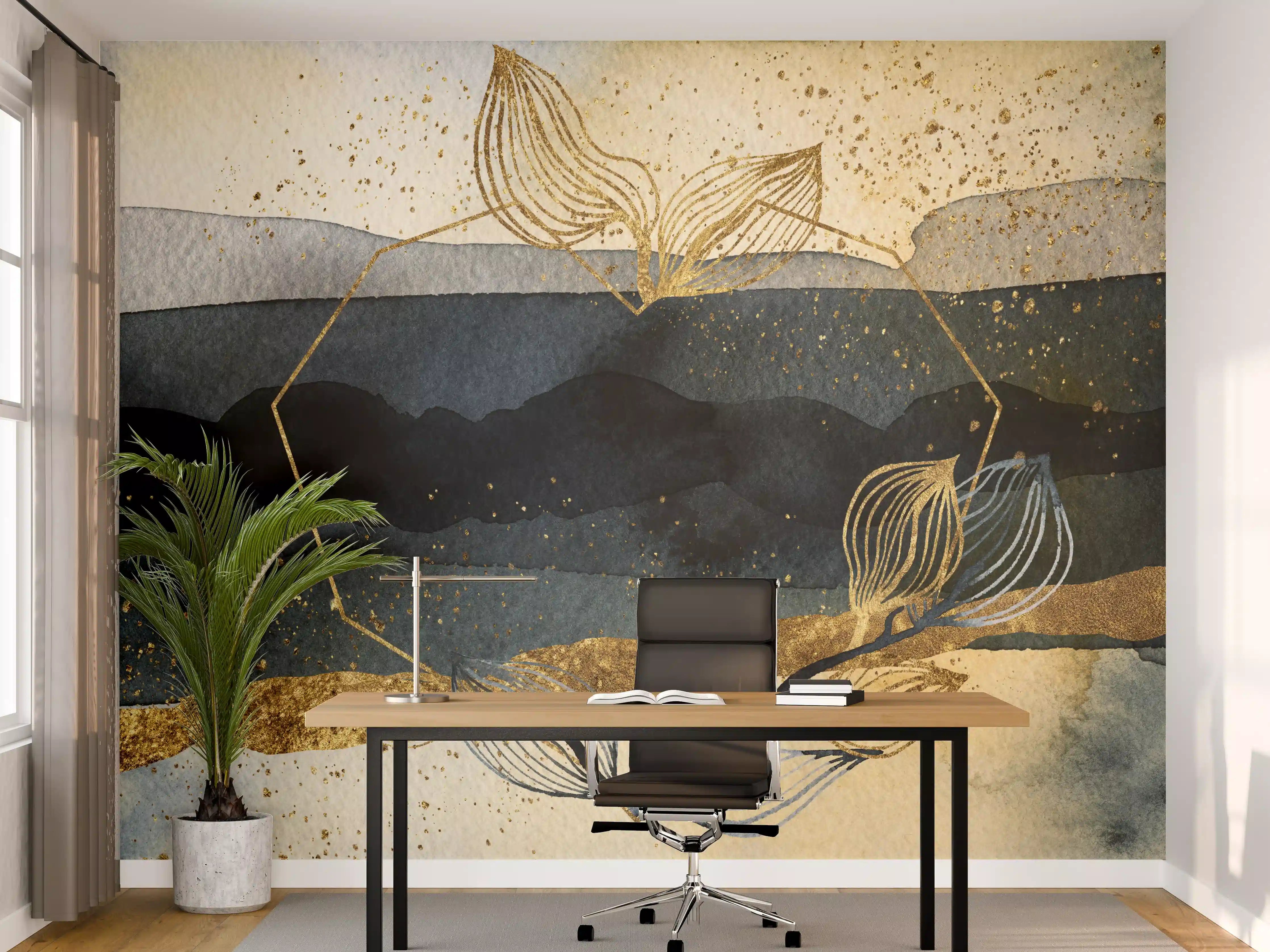 Büro Wandgestaltung - Goldene Akzente auf Wasserfarben-Hintergrund