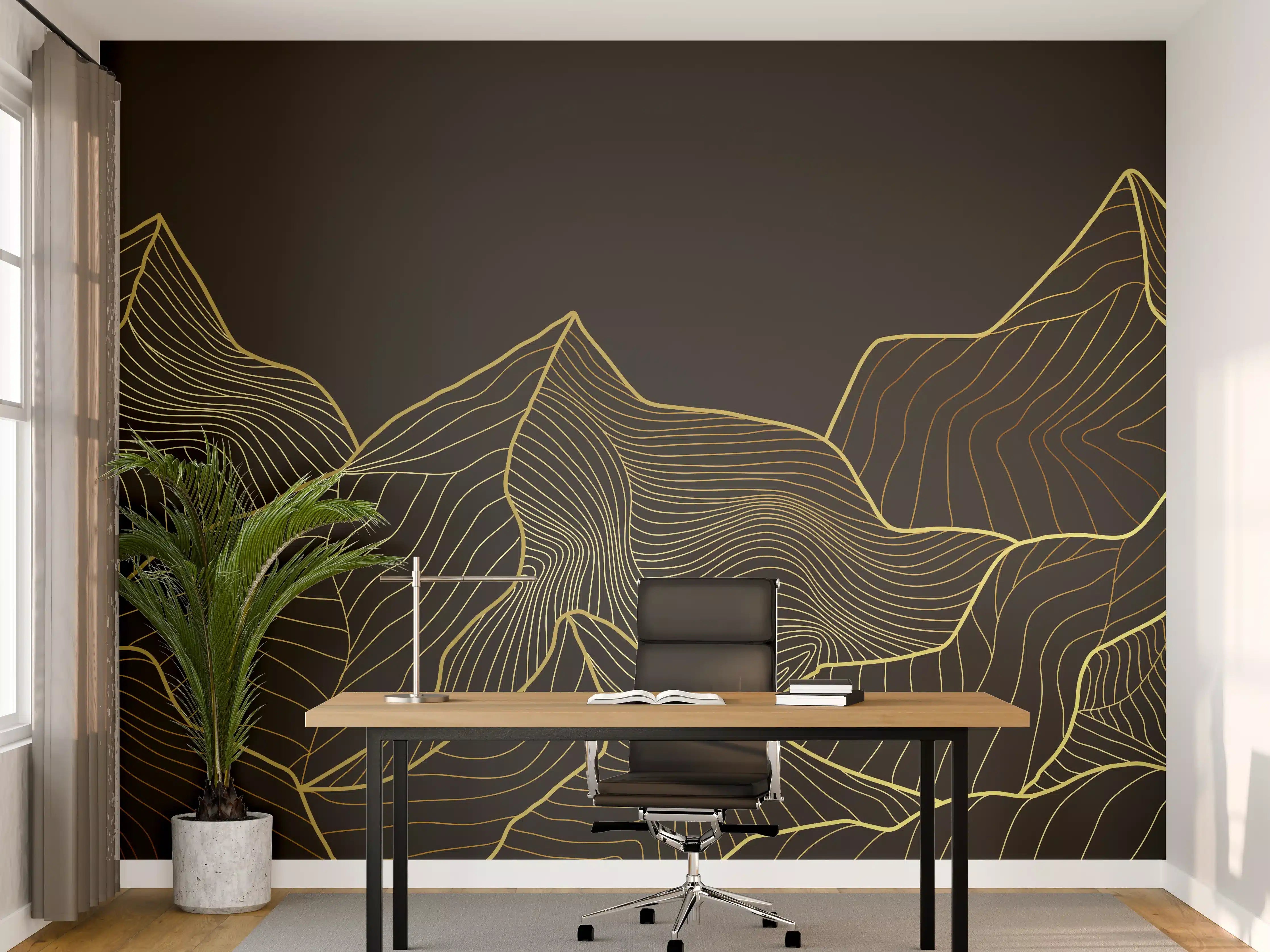 Büro Wandgestaltung - Goldene Berglinien auf Schwarz
