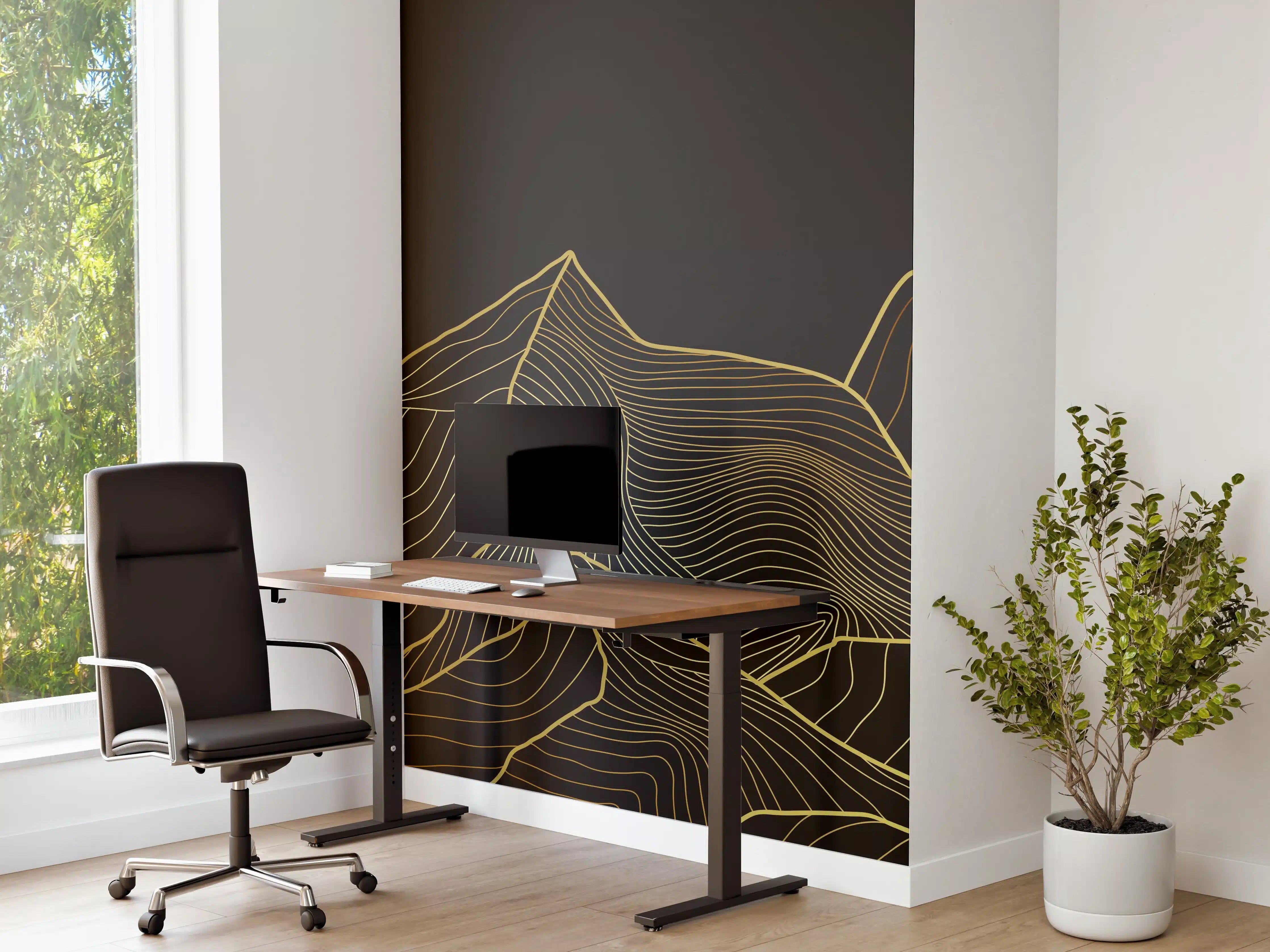 Büro Wandgestaltung - Goldene Berglinien auf Schwarz