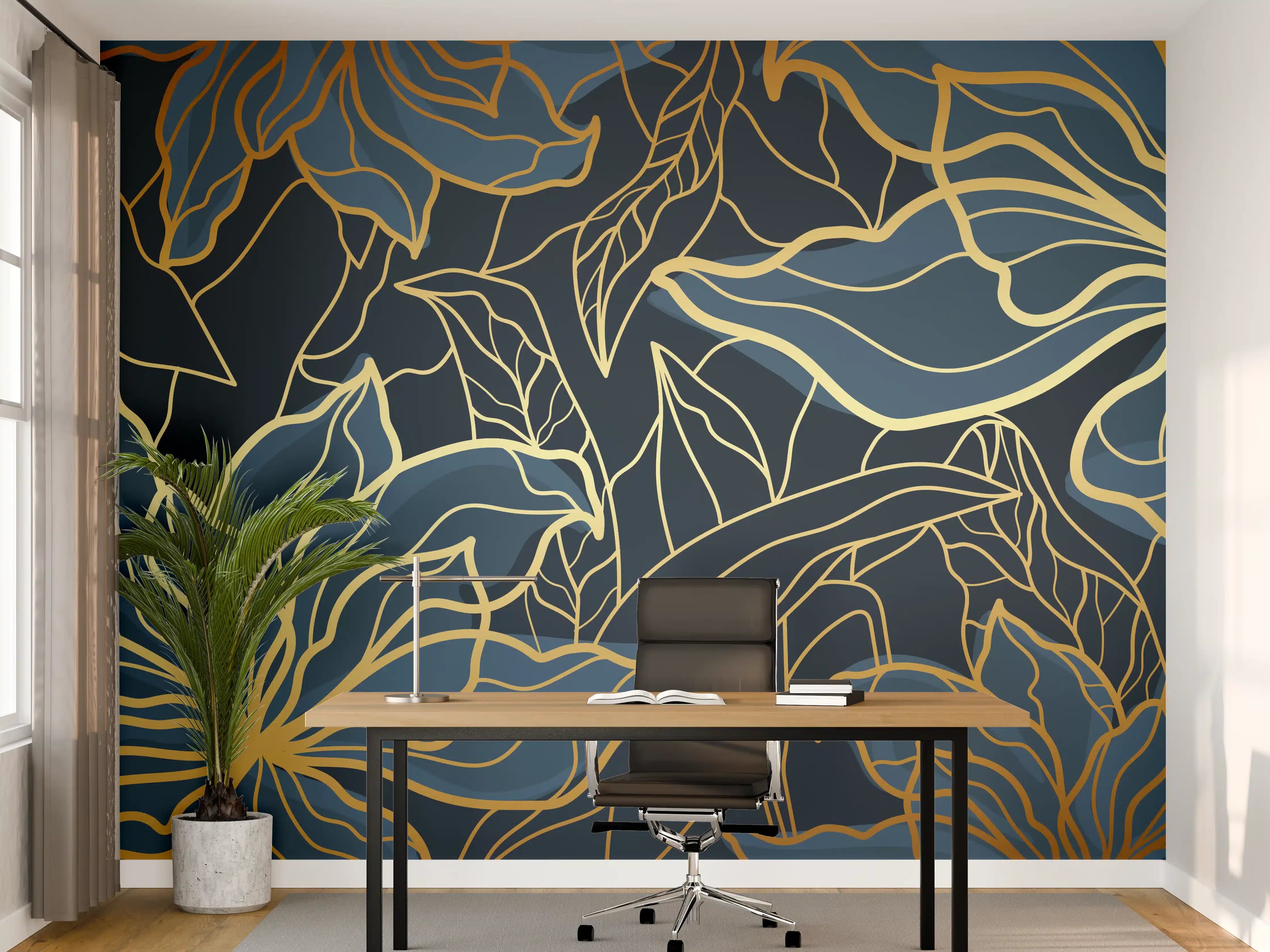 Büro Wandgestaltung - Goldene Blumenranken auf Dunkelblau