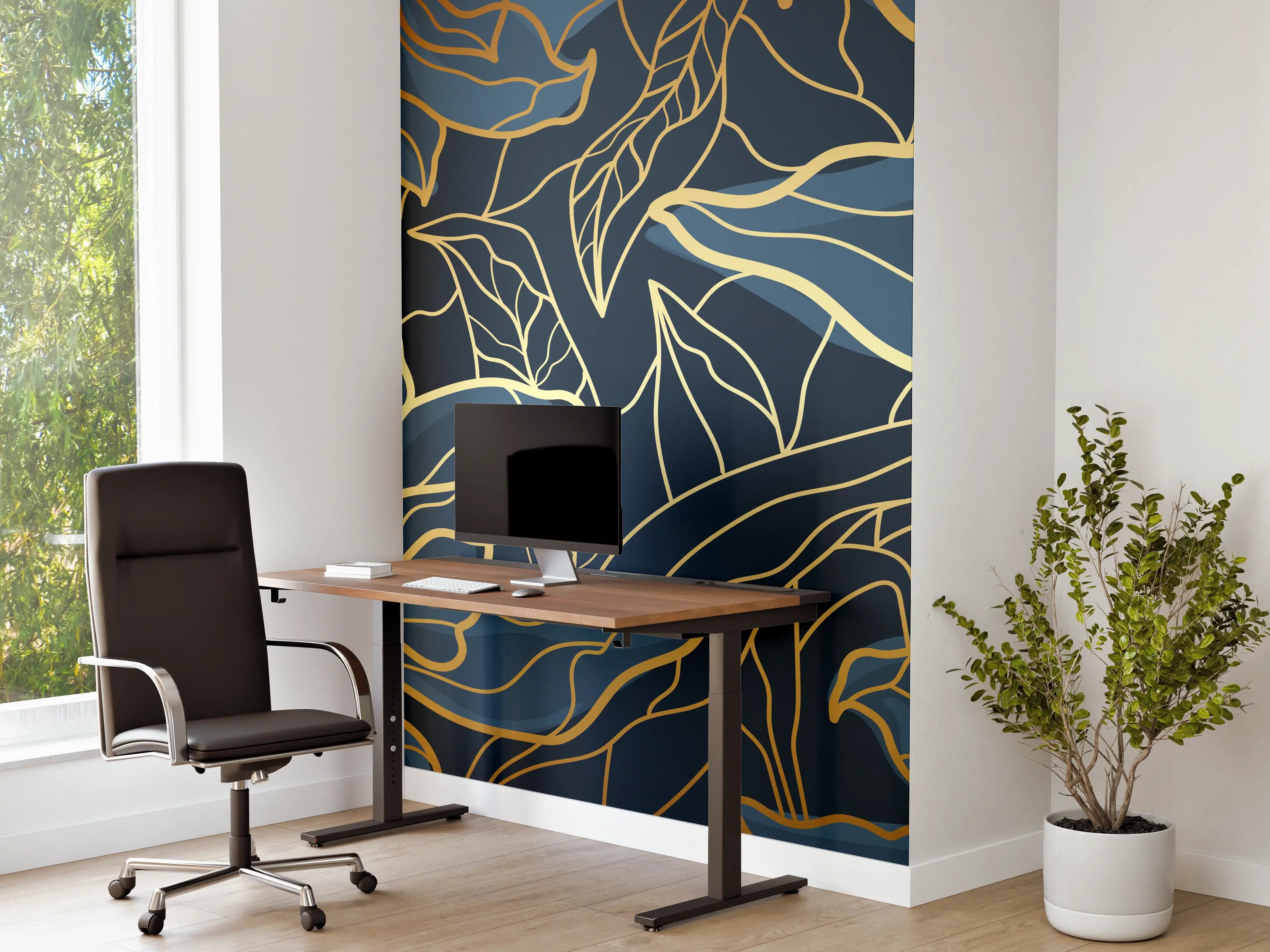 Büro Wandgestaltung - Goldene Blumenranken auf Dunkelblau