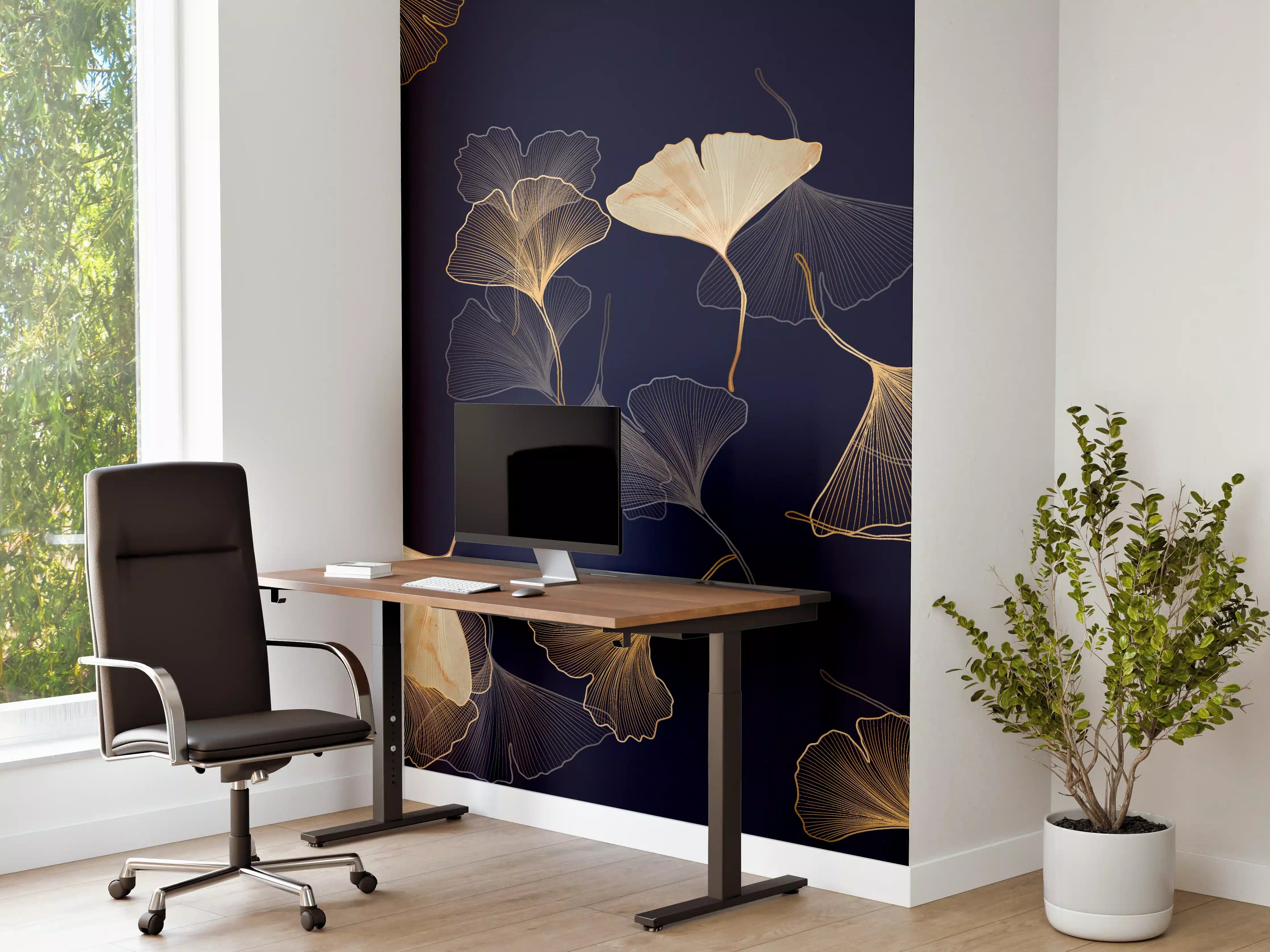 Büro Wandgestaltung - Goldene Ginkgo Blatt Design Tapete