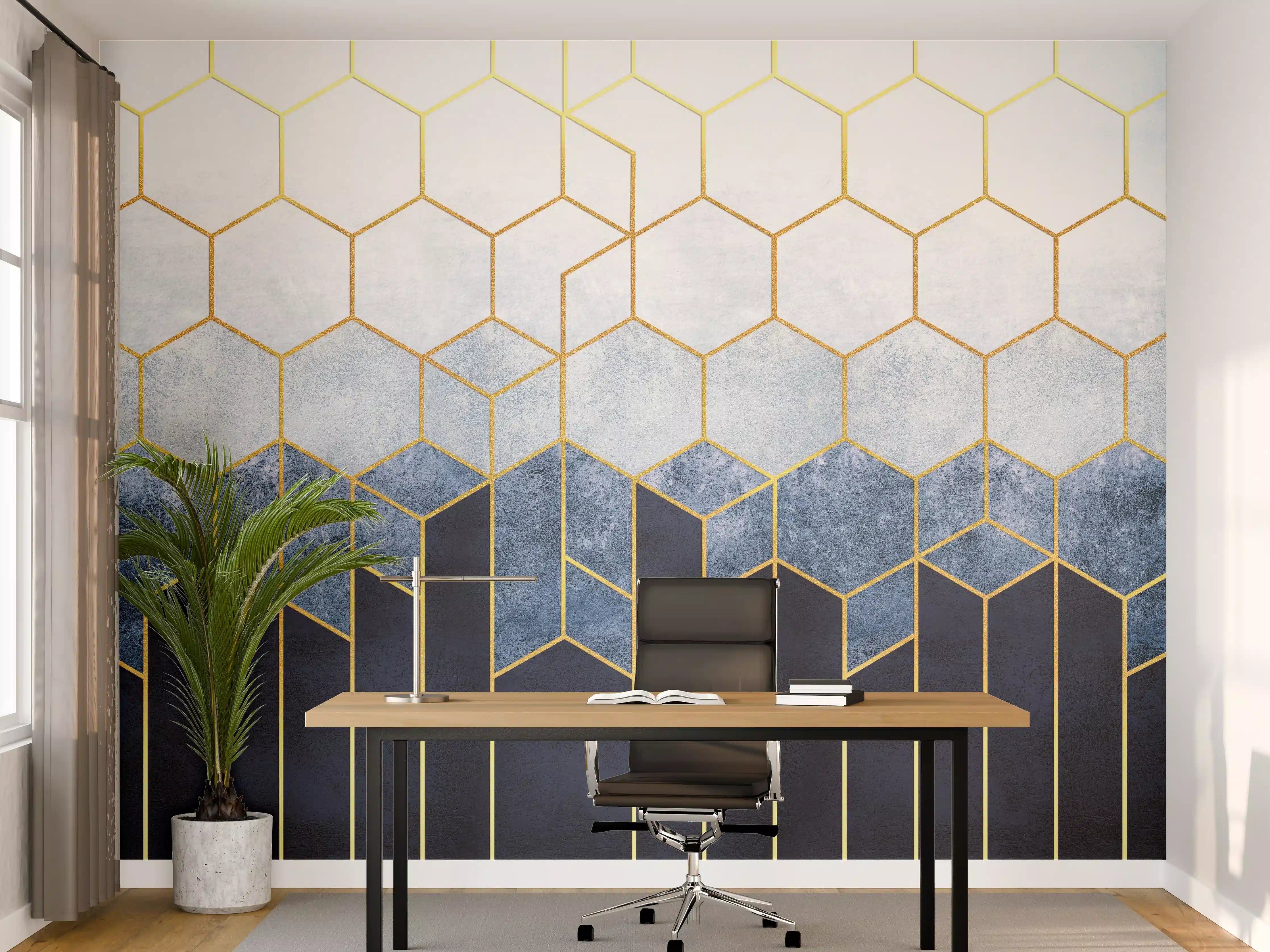 Büro Wandgestaltung - Goldene Hexagon-Design mit Wasser-Effekt