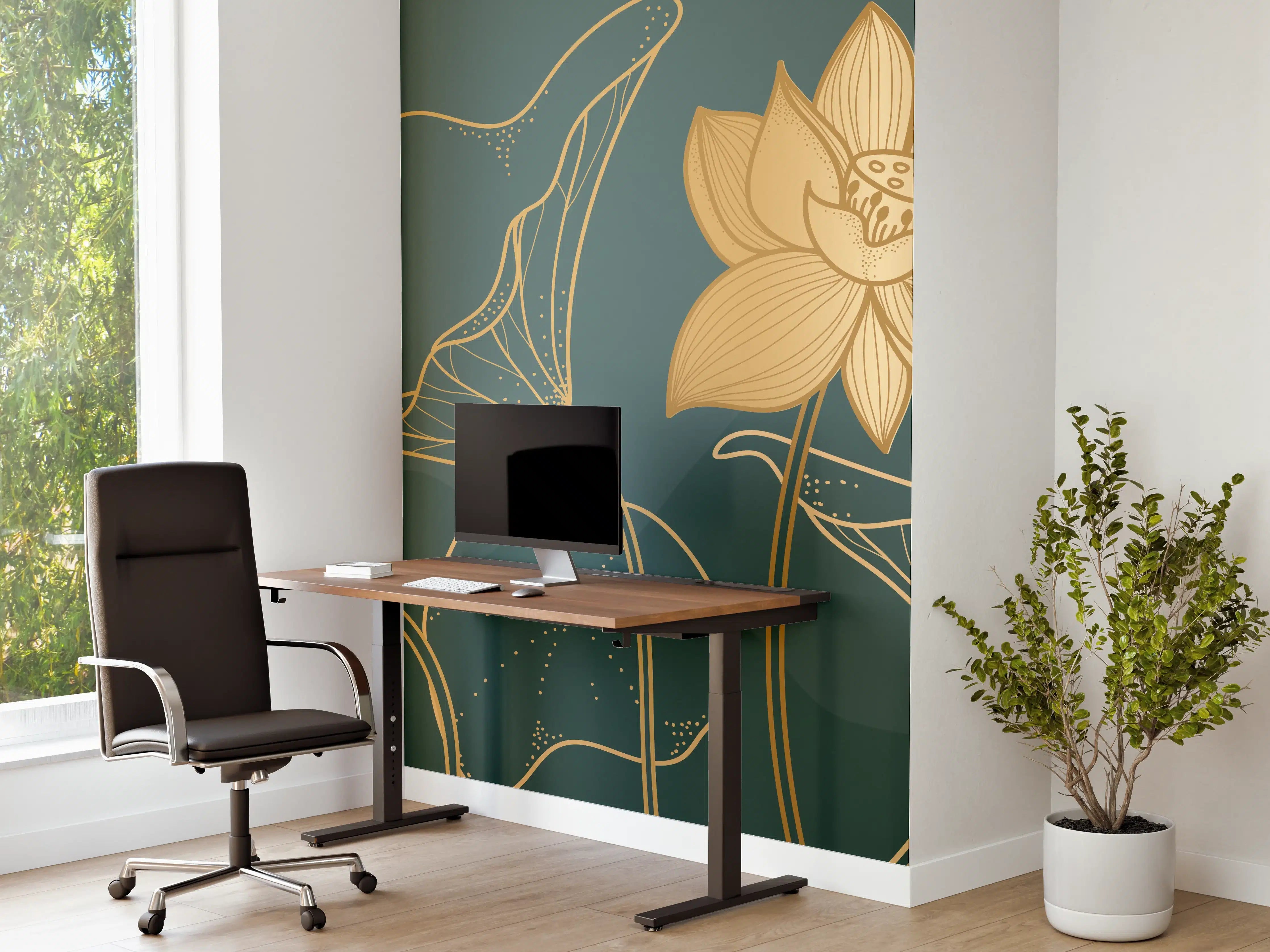 Büro Wandgestaltung - Goldene Lotus Linienzeichnung