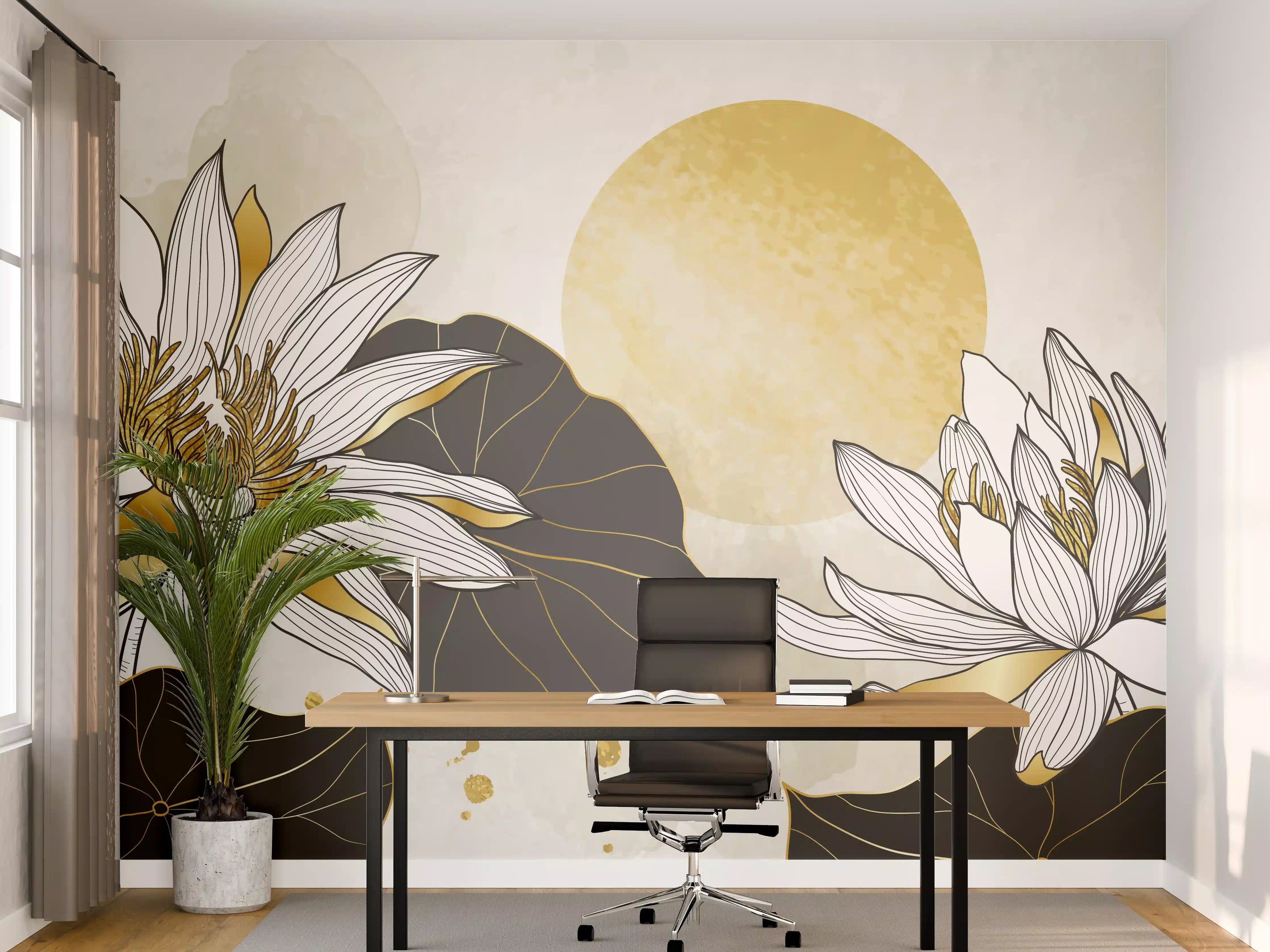 Büro Wandgestaltung - Goldene Lotusblüten Illustration