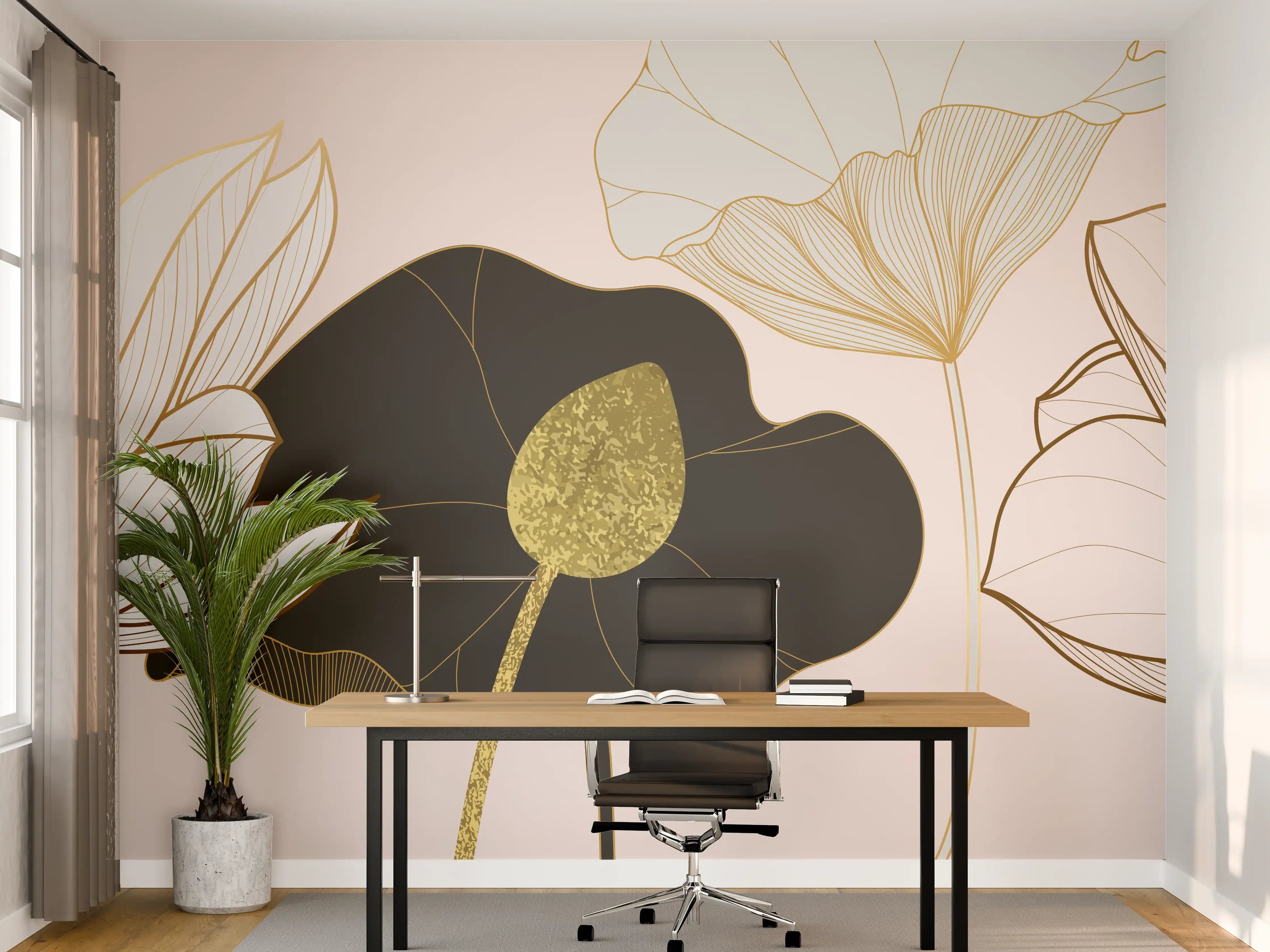 Büro Wandgestaltung - Goldene Lotusblumen auf Schwarz