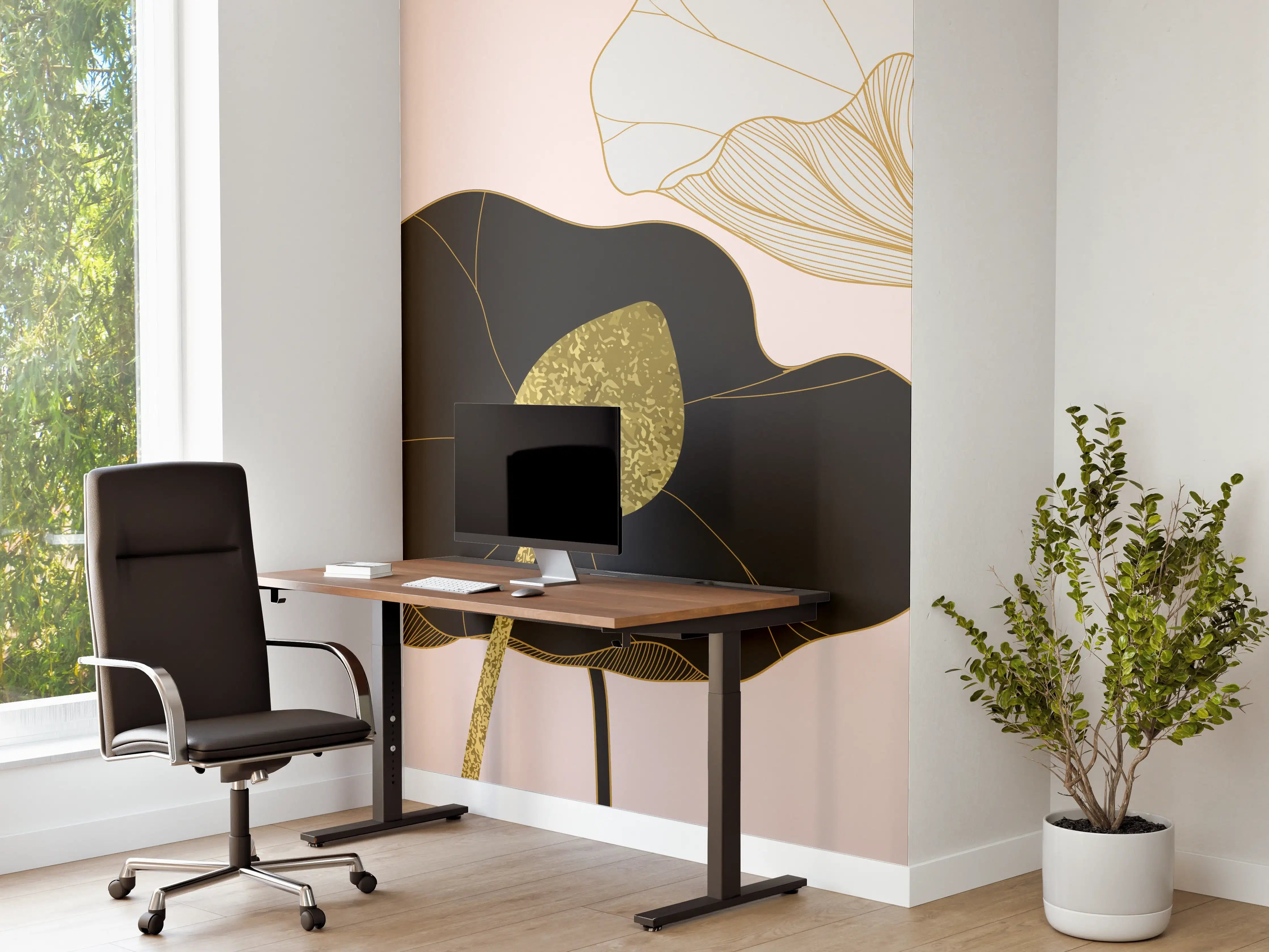 Büro Wandgestaltung - Goldene Lotusblumen auf Schwarz