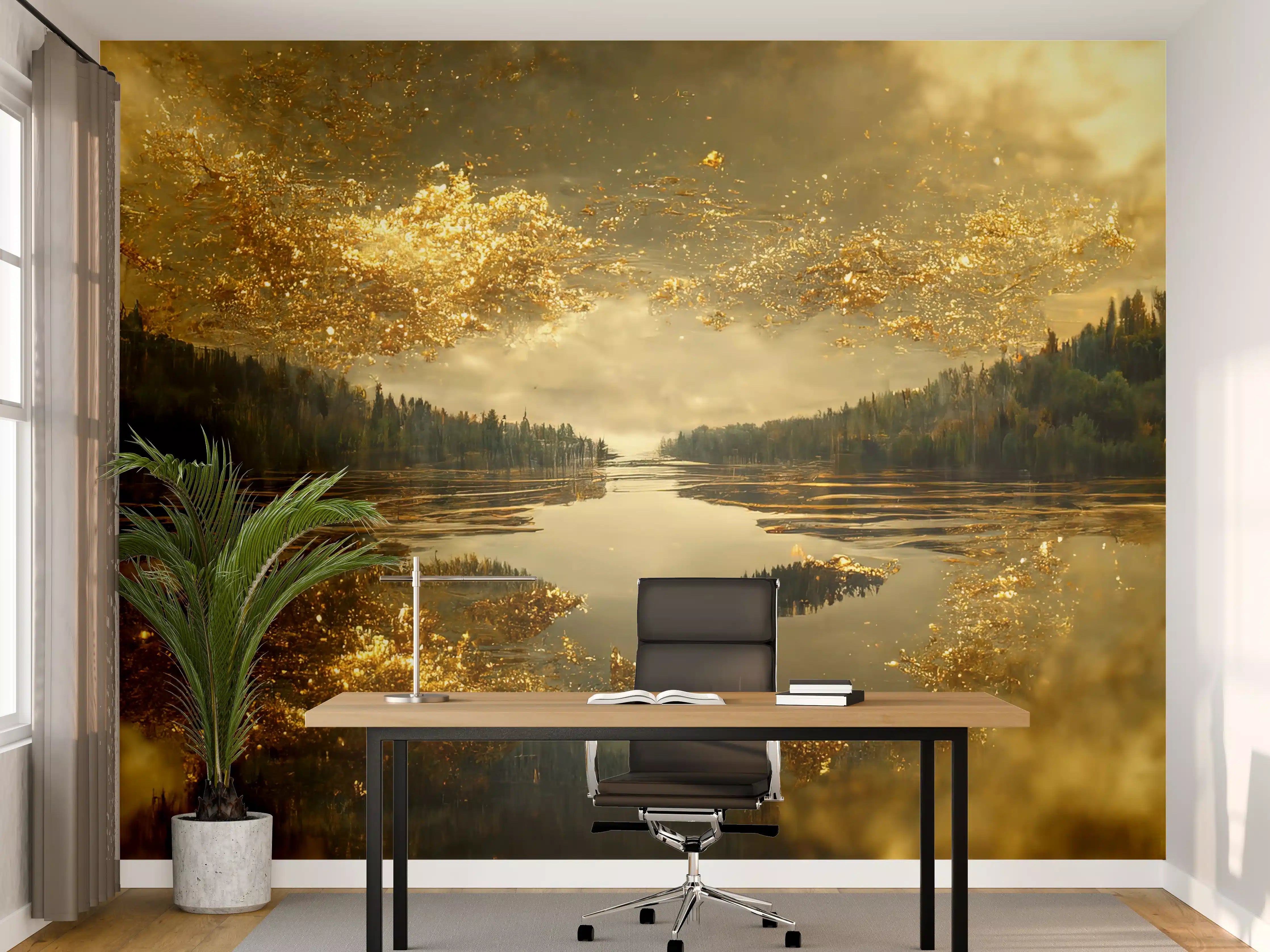 Büro Wandgestaltung - Goldene Naturreflection mit dramatischem Himmel