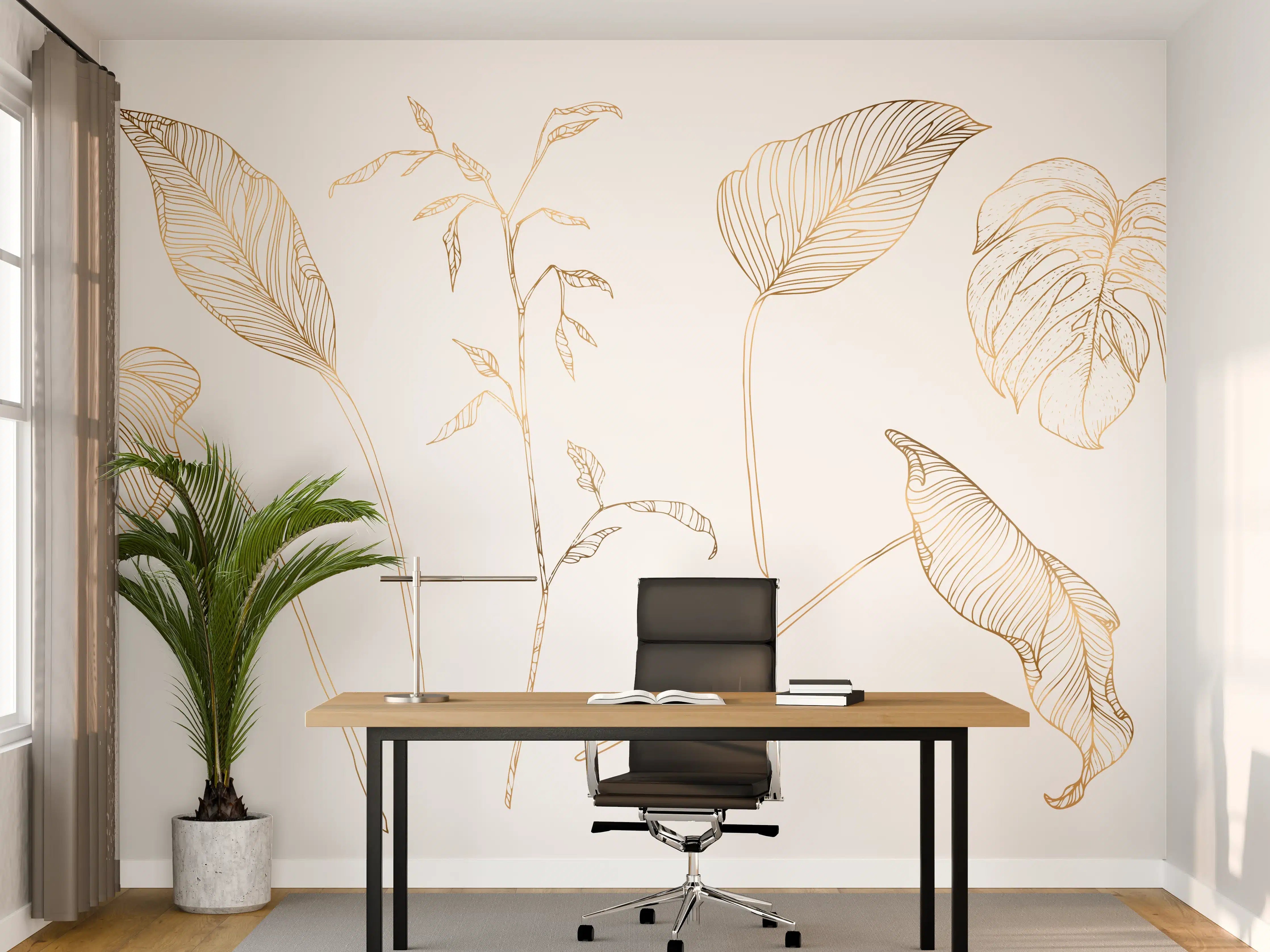 Büro Wandgestaltung - Goldene Pflanzenlinien Zeichnung