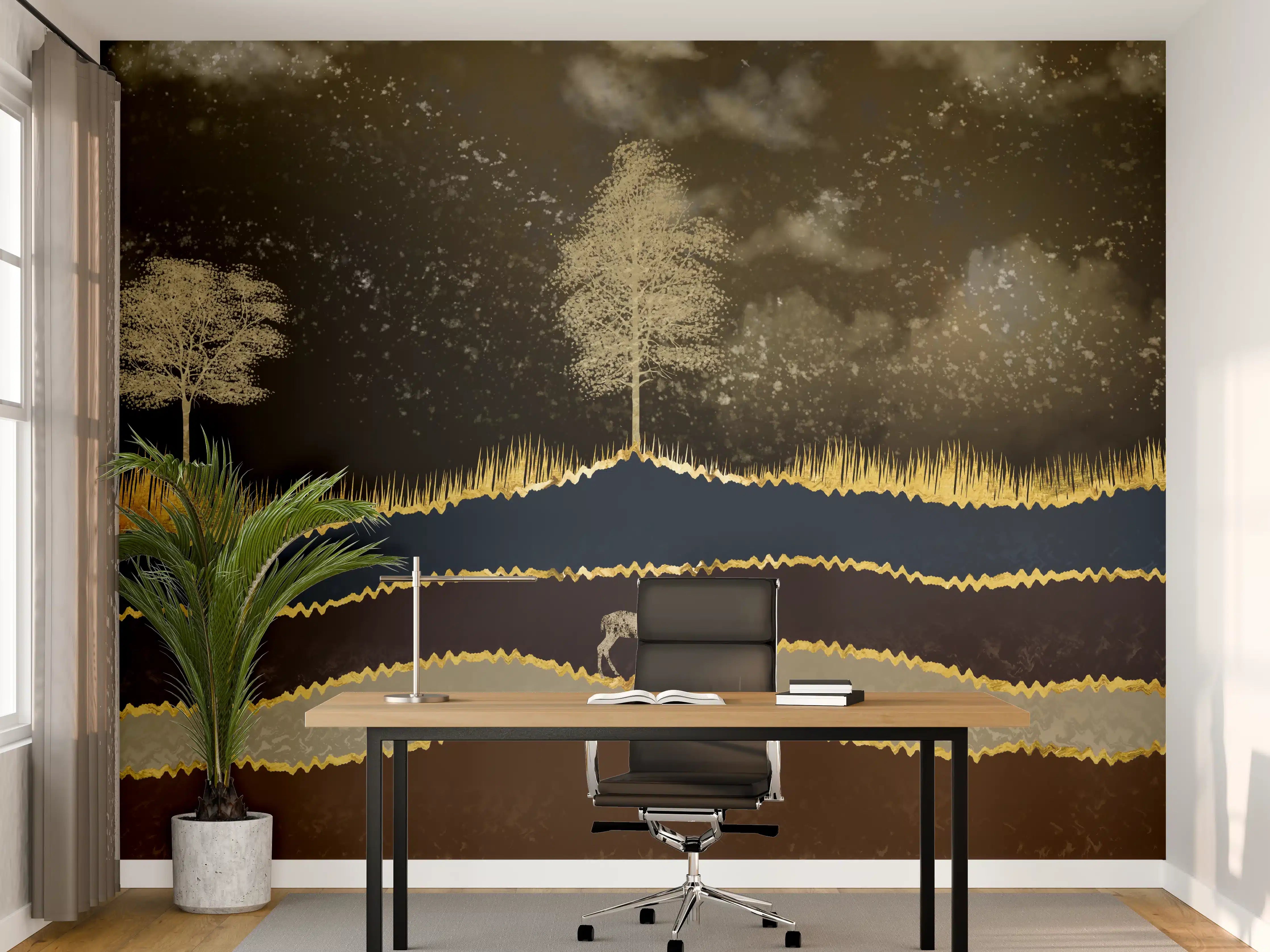 Büro Wandgestaltung - Goldene Sonne Dunkler Wald Hirsch