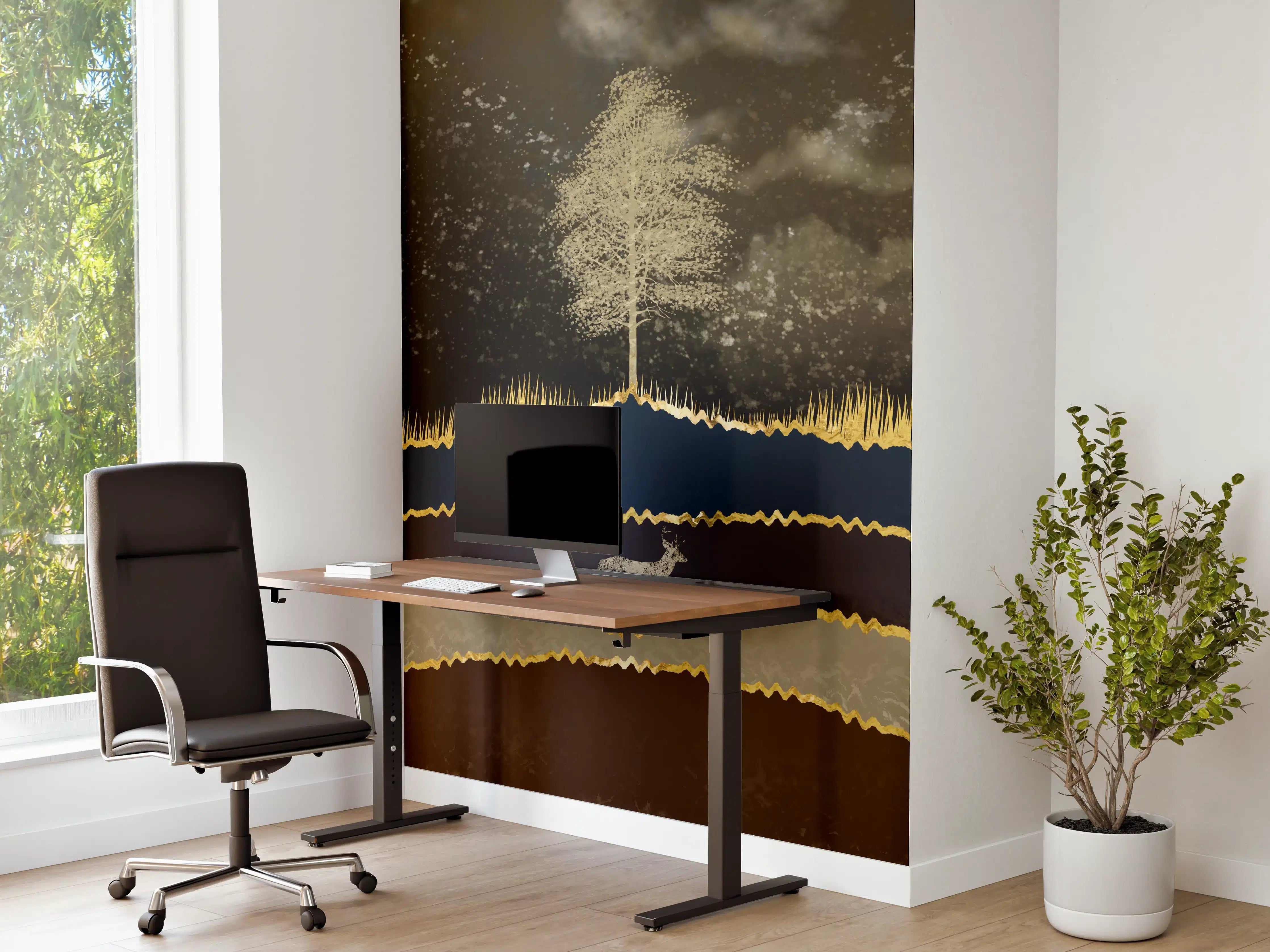 Büro Wandgestaltung - Goldene Sonne Dunkler Wald Hirsch