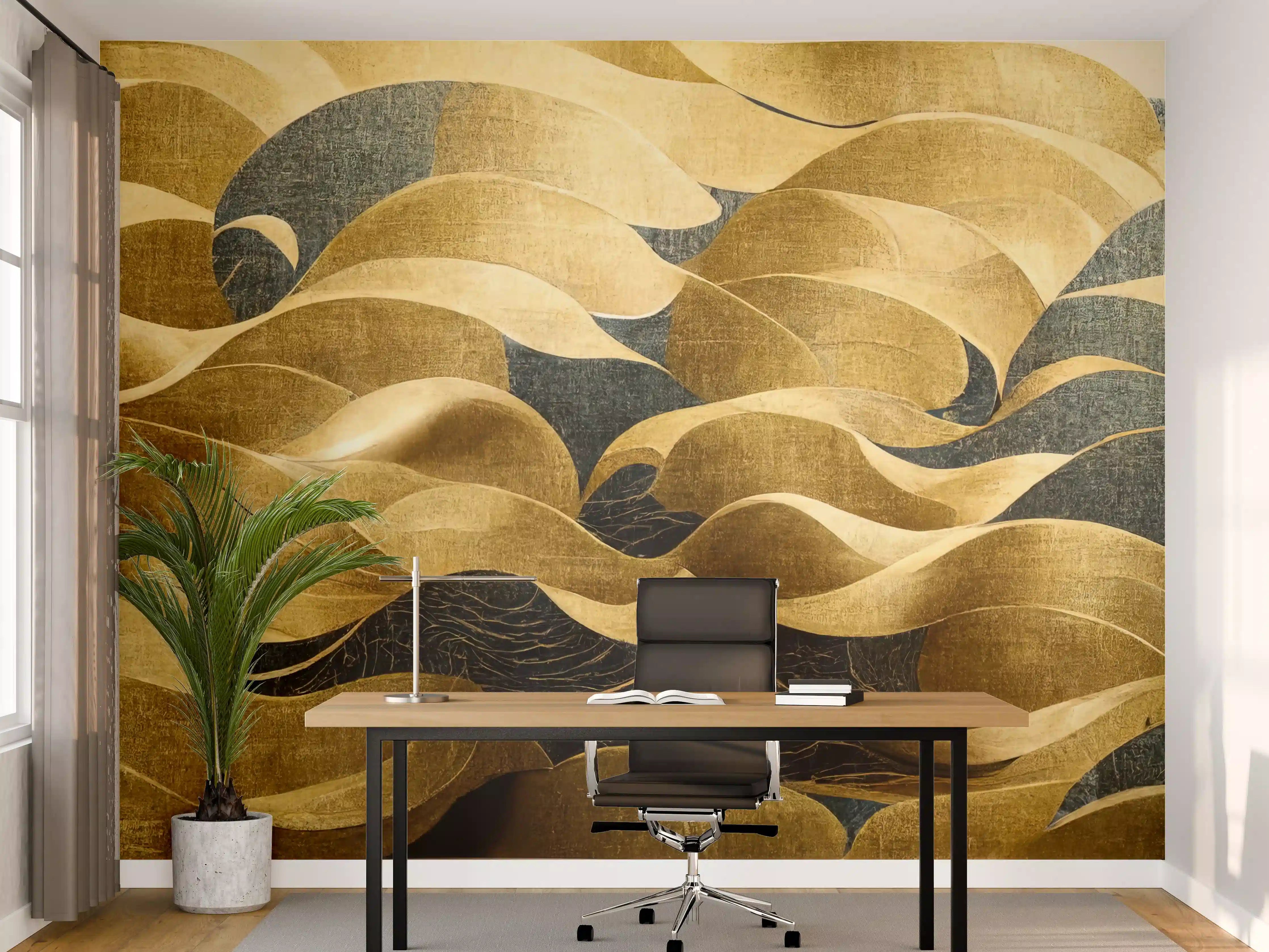 Büro Wandgestaltung - Goldene Wellen mit schwarzen Akzenten