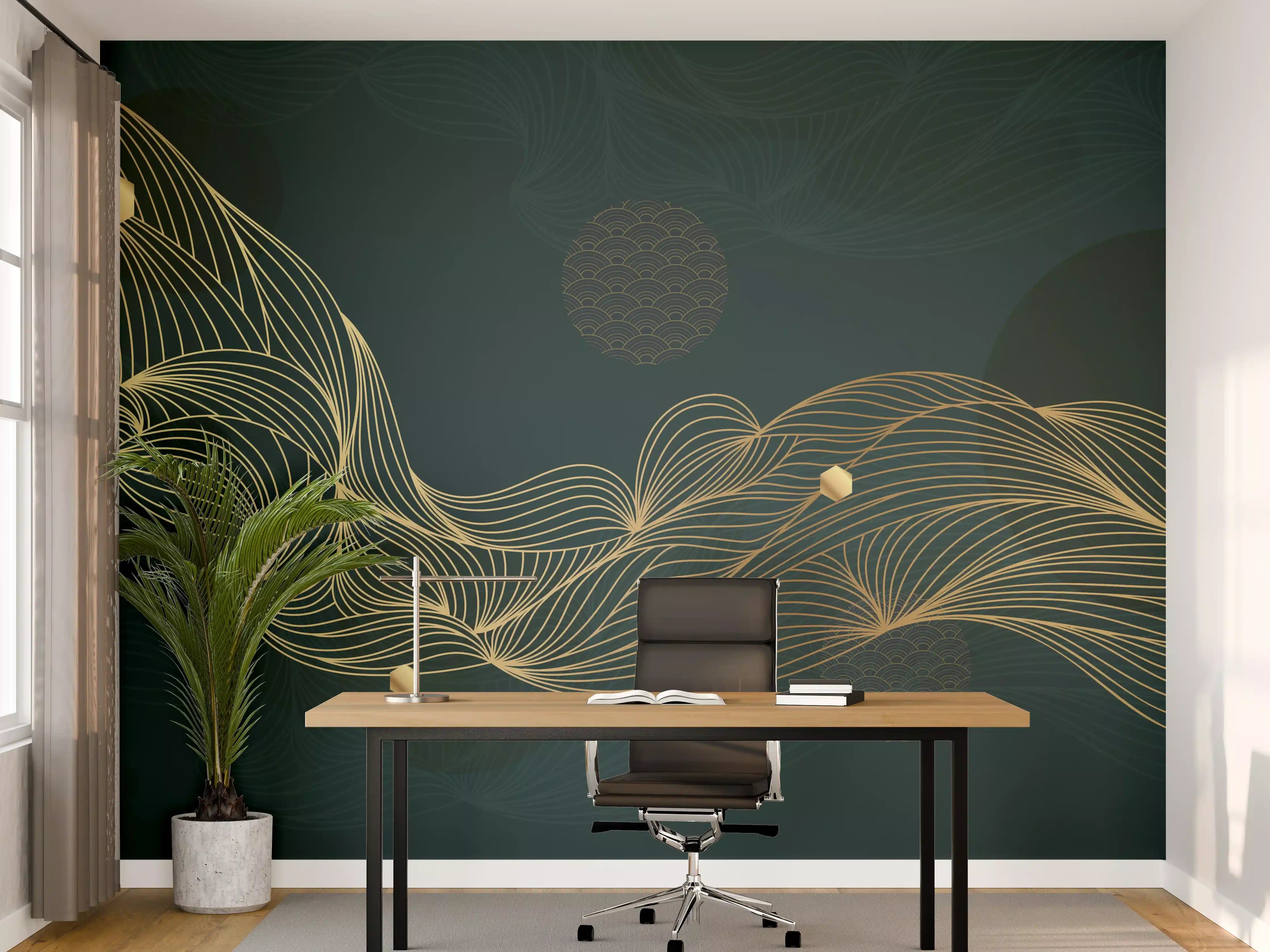 Büro Wandgestaltung - Goldene Wellenlinien auf Dunkelblau
