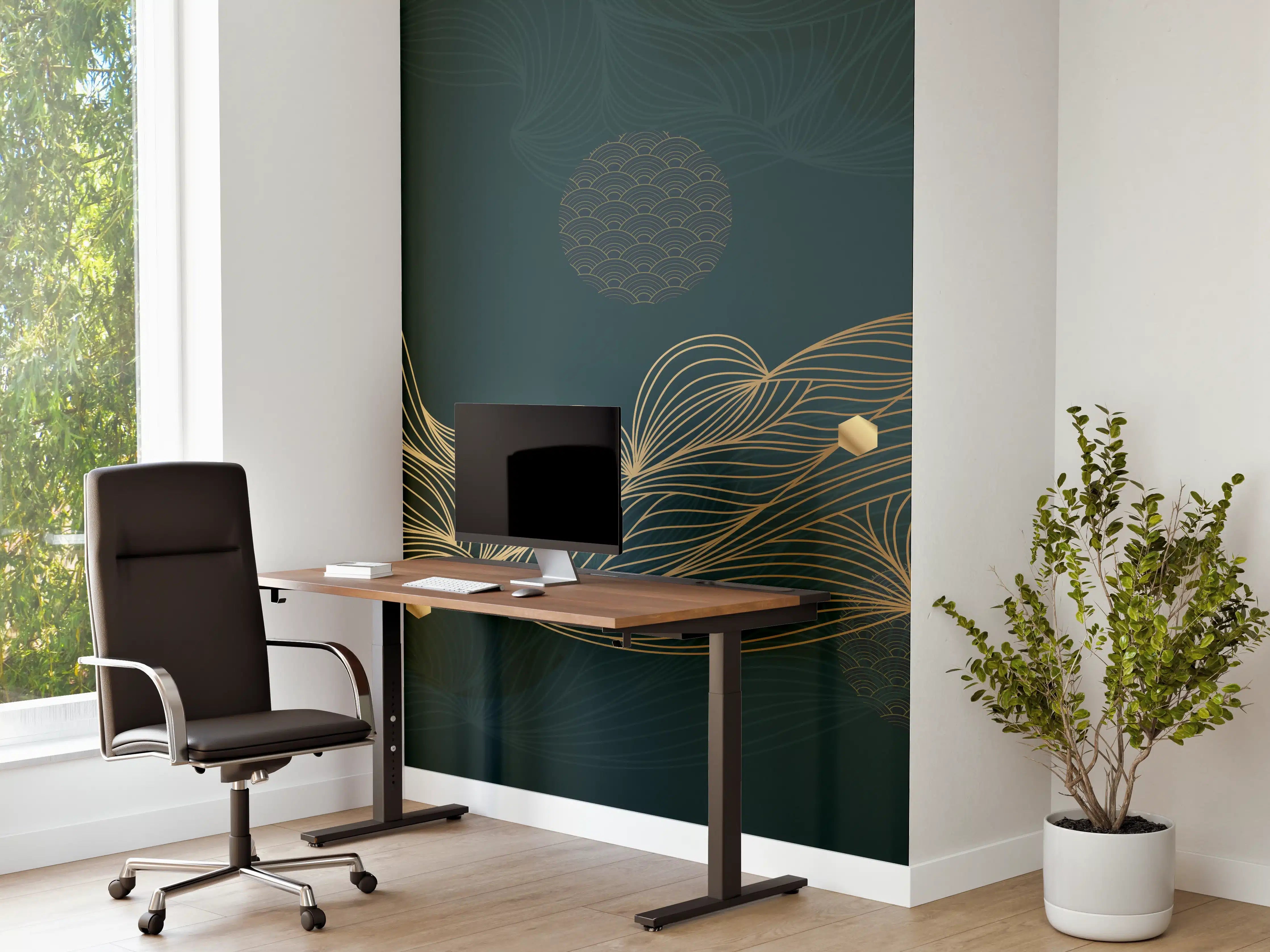 Büro Wandgestaltung - Goldene Wellenlinien auf Dunkelblau
