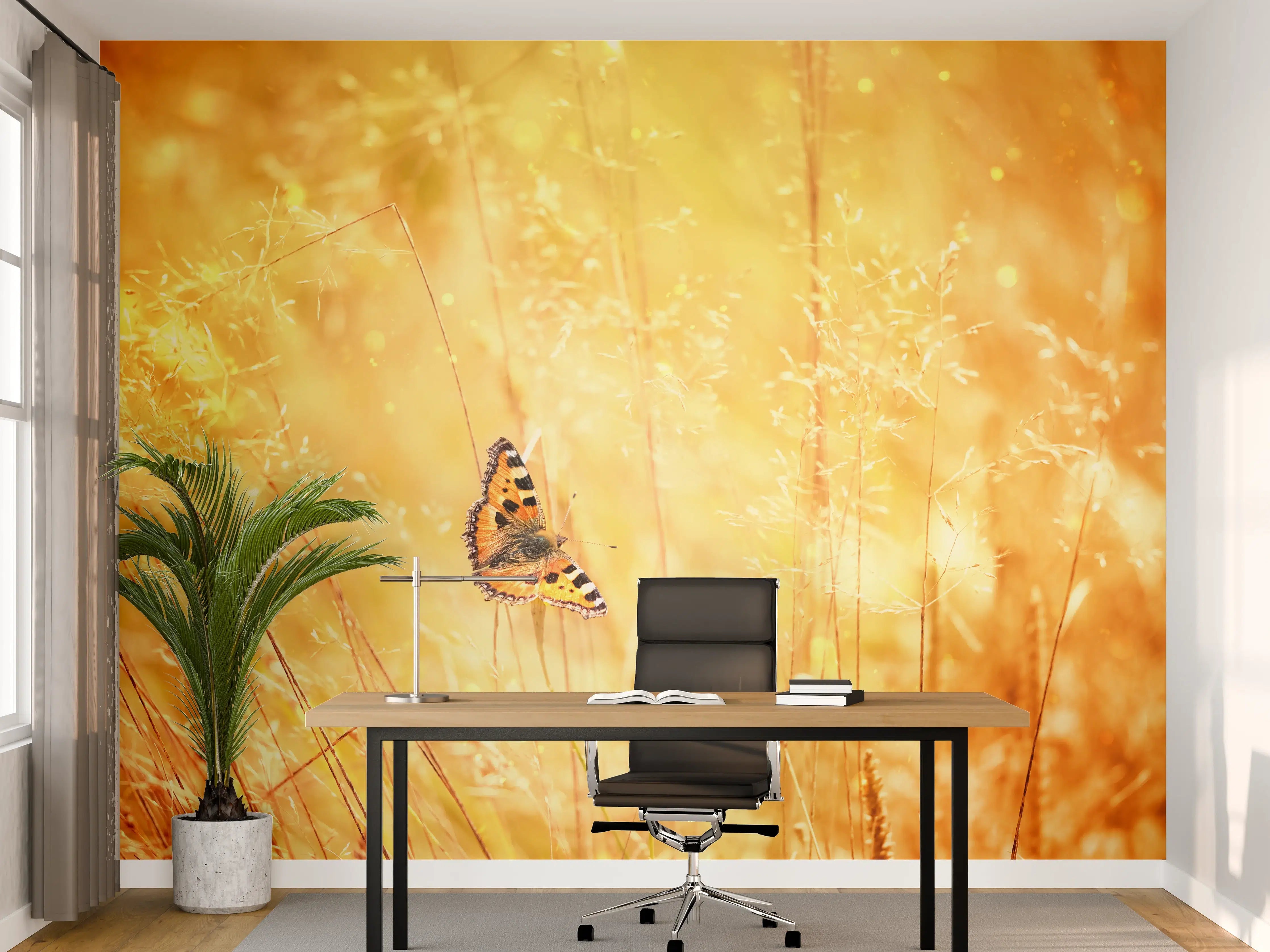 Büro Wandgestaltung - Goldener Sonnenuntergang mit Schmetterling