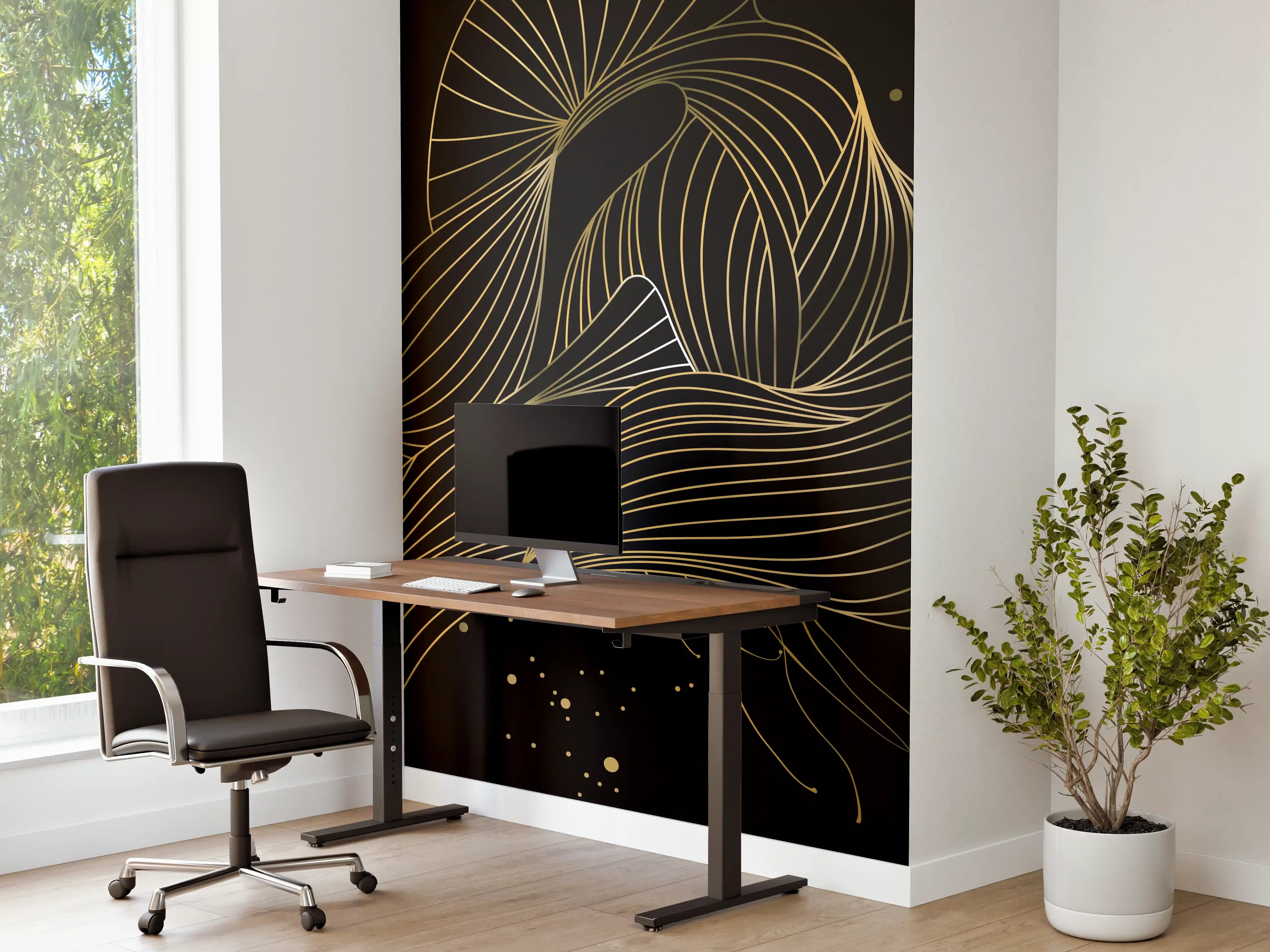 Büro Wandgestaltung - Goldenes Linienmuster auf Schwarz