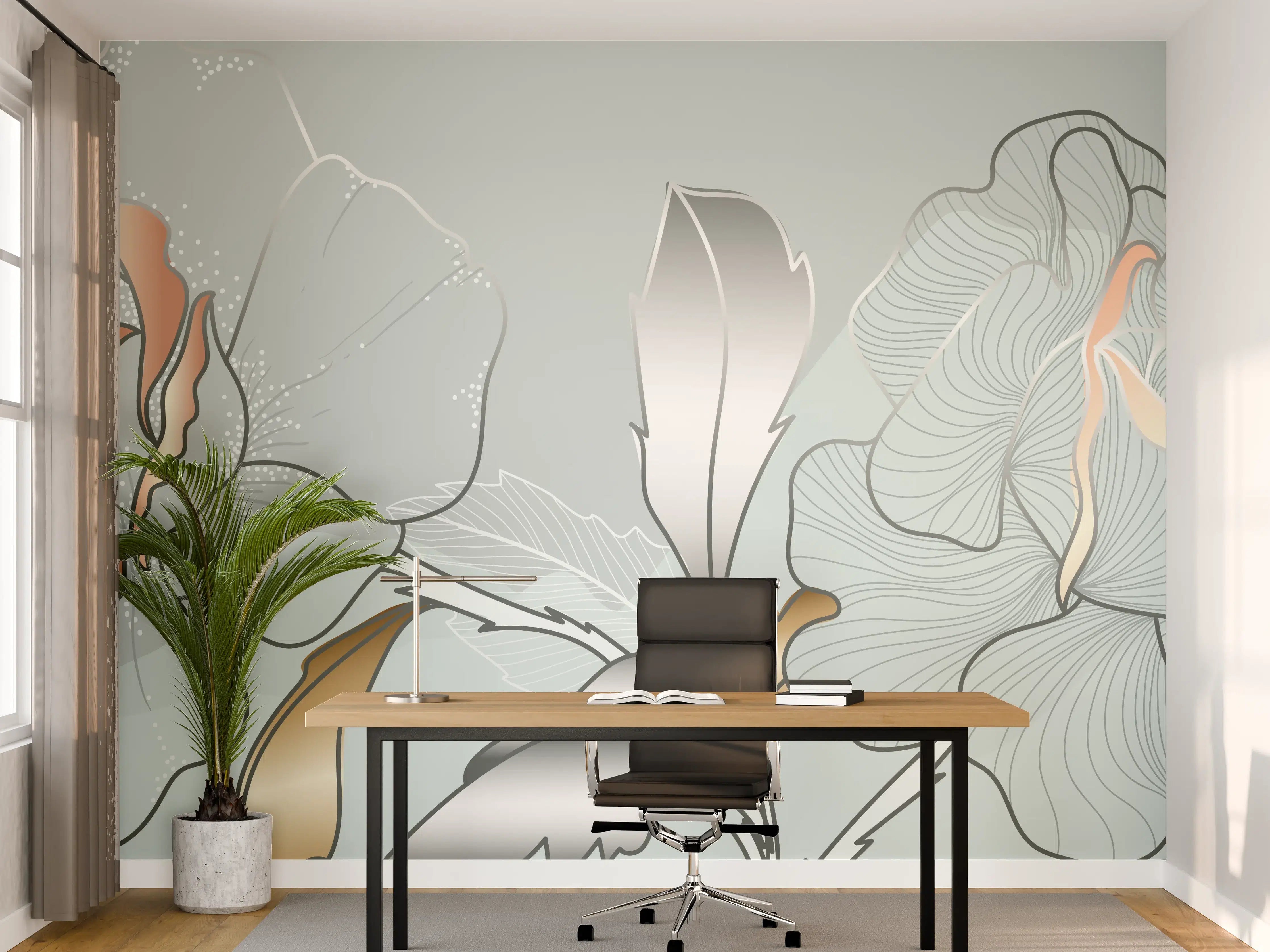 Büro Wandgestaltung - Grau-Weiße Blumenillustration
