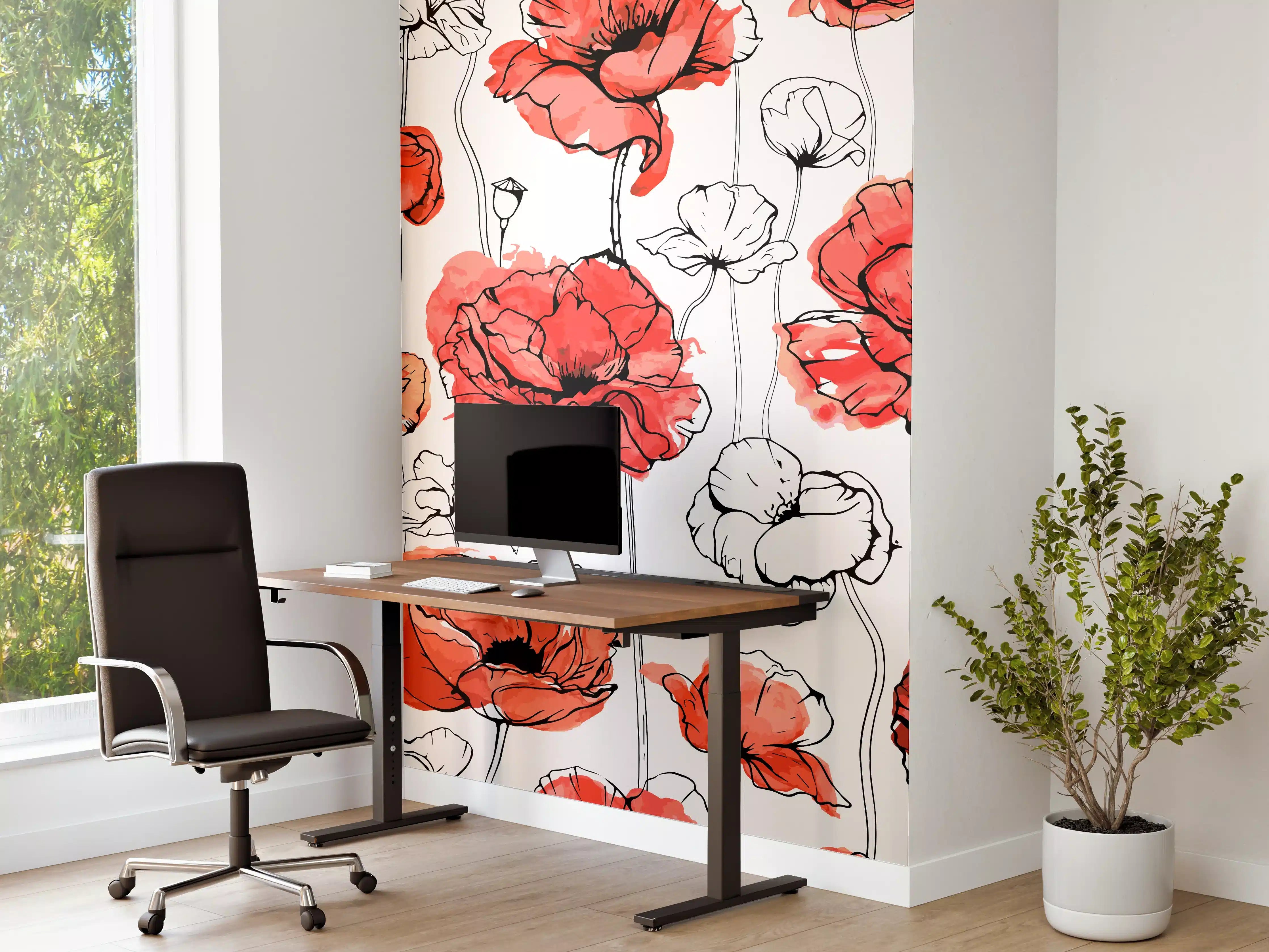 Büro Wandgestaltung - Graue Mohnblumen auf hellem Grund