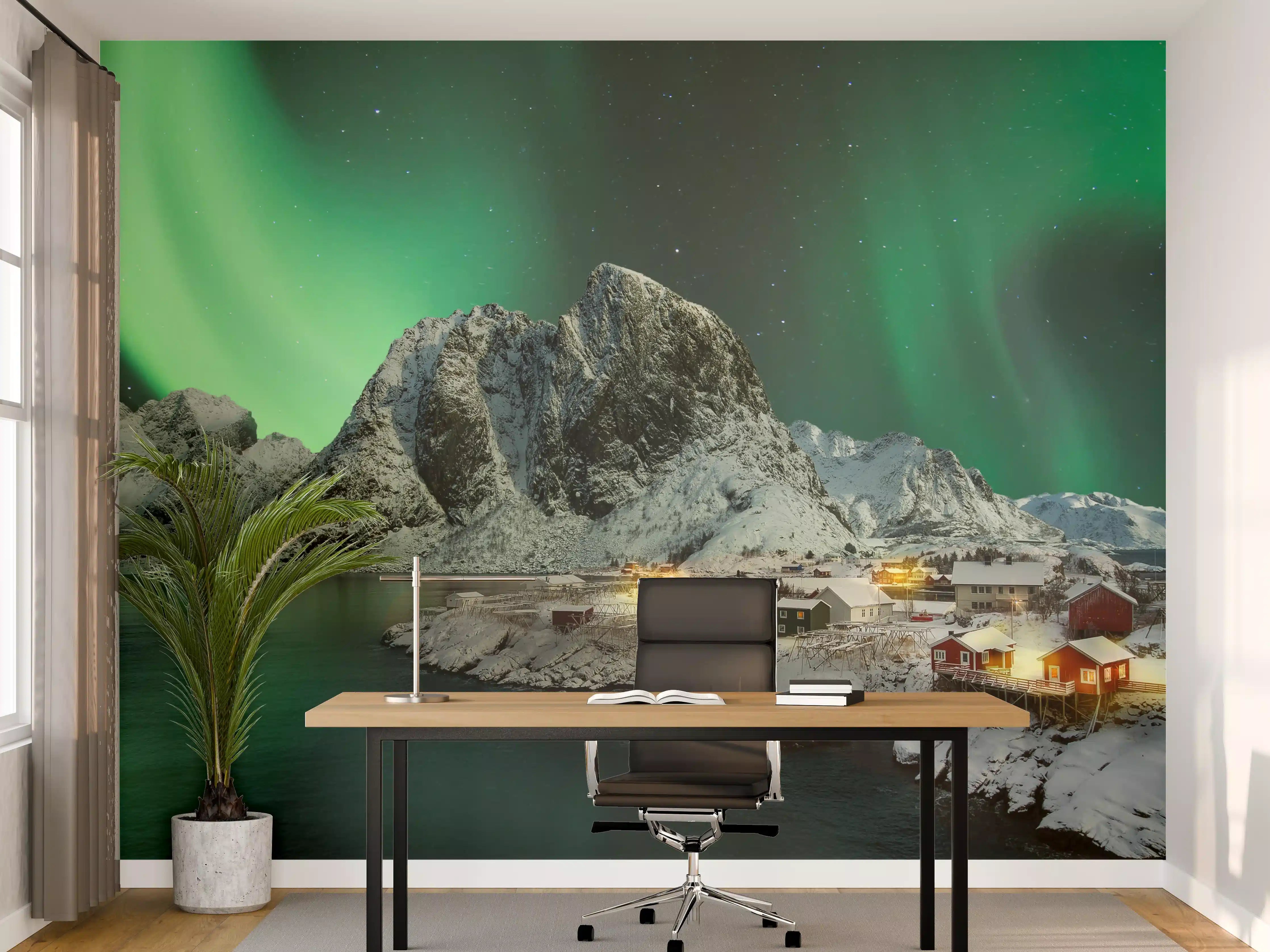 Büro Wandgestaltung - Graue Nordlichter im Winterdorf