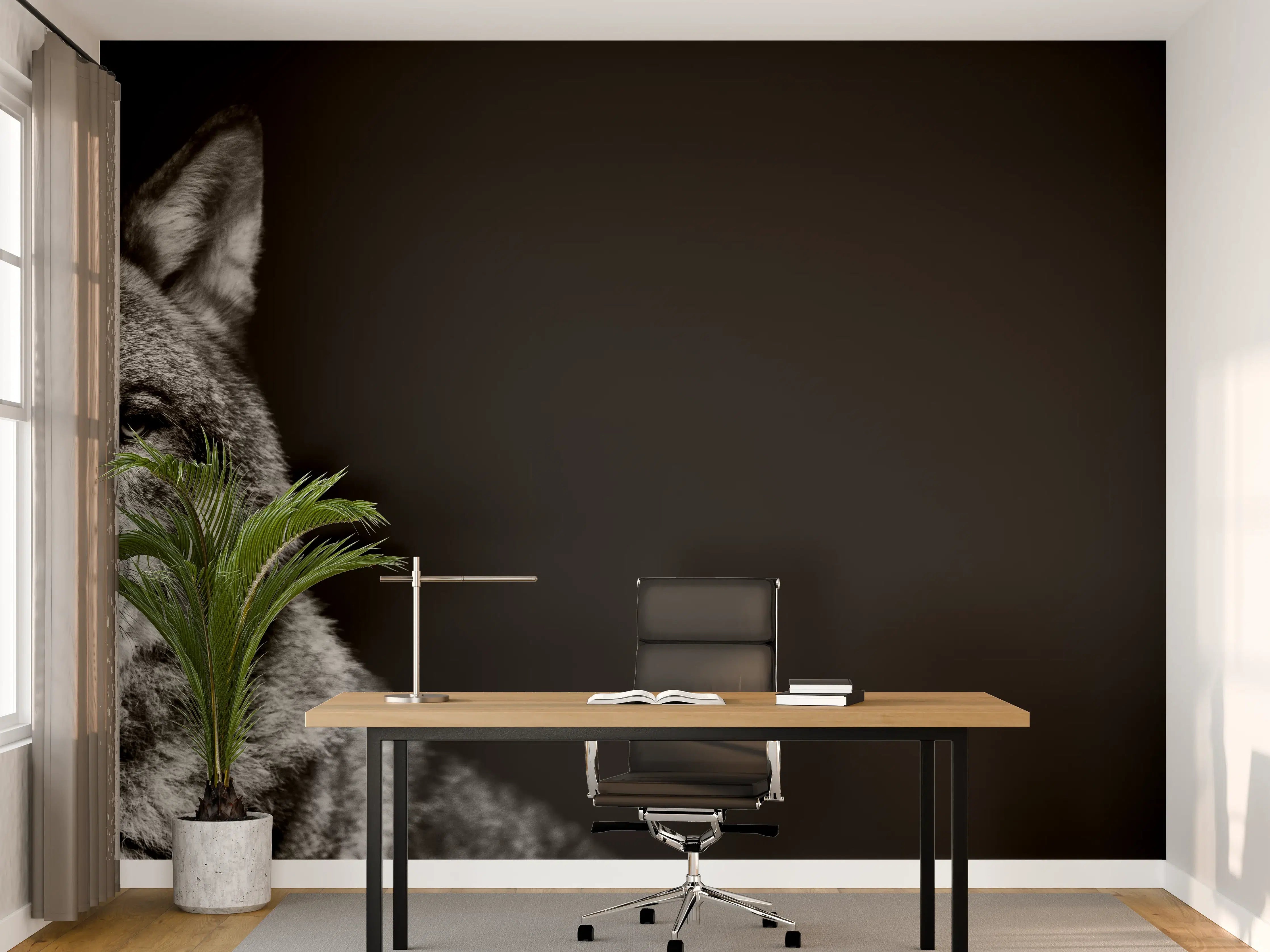 Büro Wandgestaltung - Grauer Wolf auf schwarzem Hintergrund