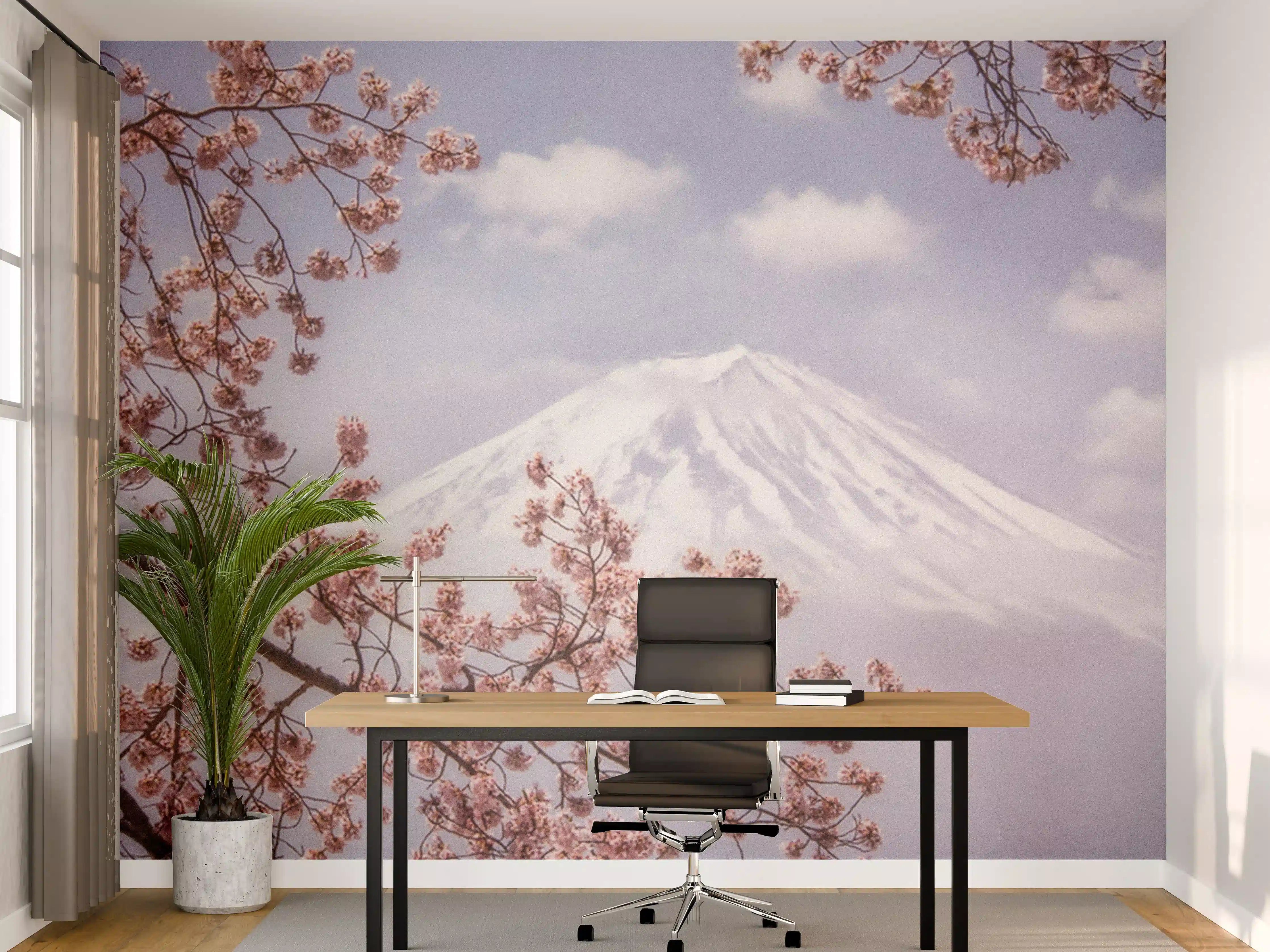 Büro Wandgestaltung - Großer Berg hinter Kirchblüten - Japan