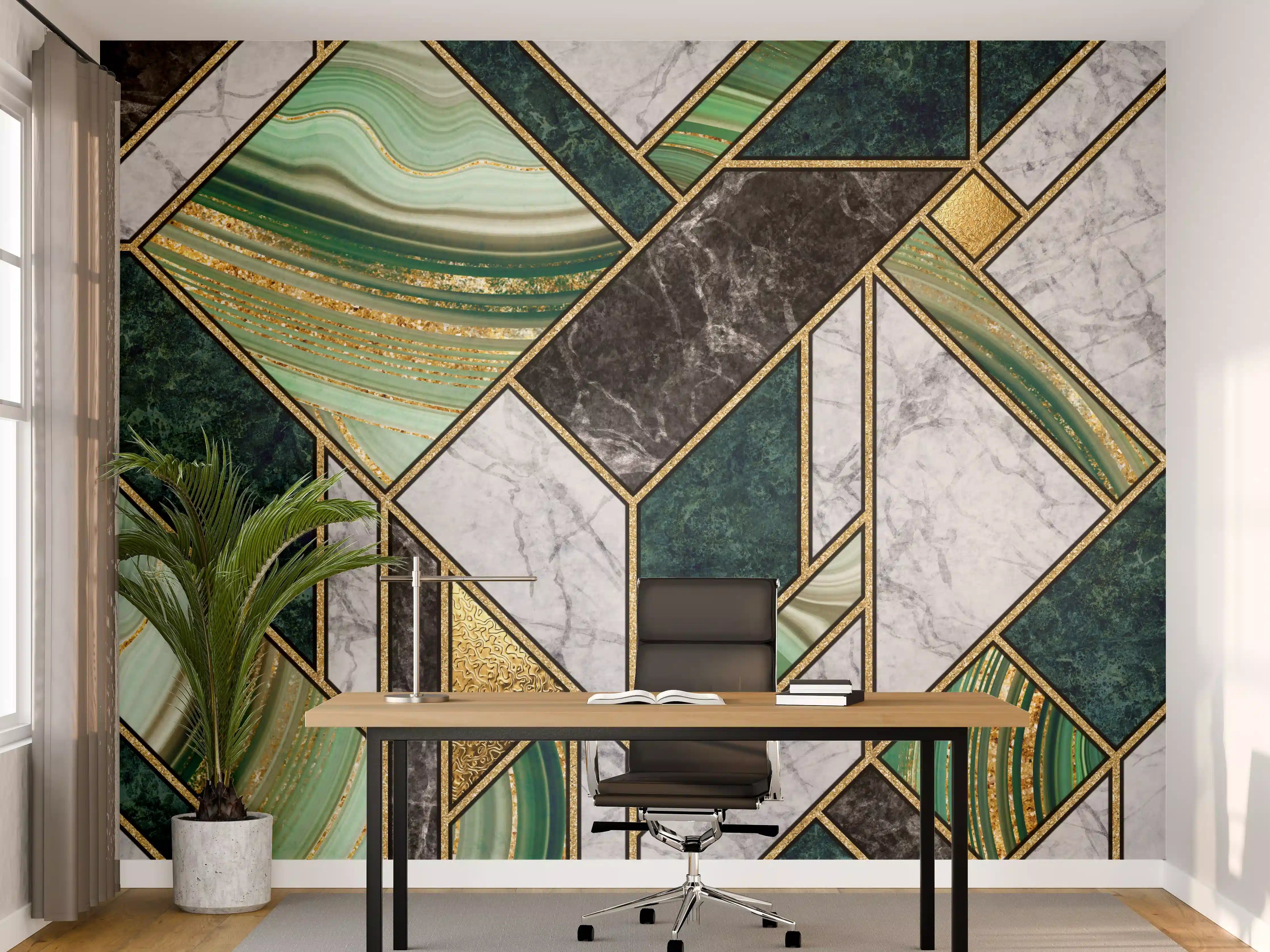Büro Wandgestaltung - Grün-Goldene Marmormosaik Textur