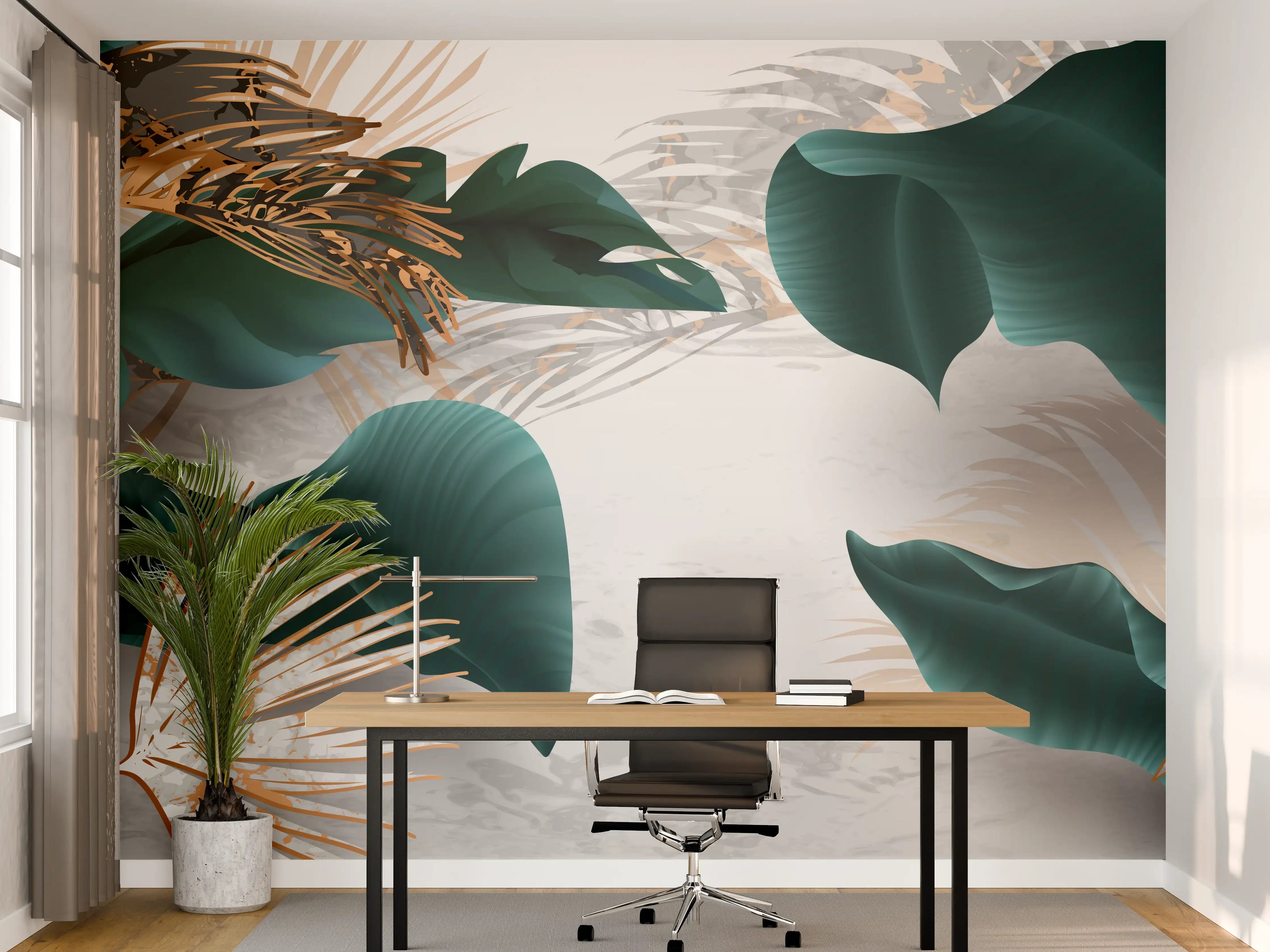 Büro Wandgestaltung - Grün-Goldene Pflanzenmusterung