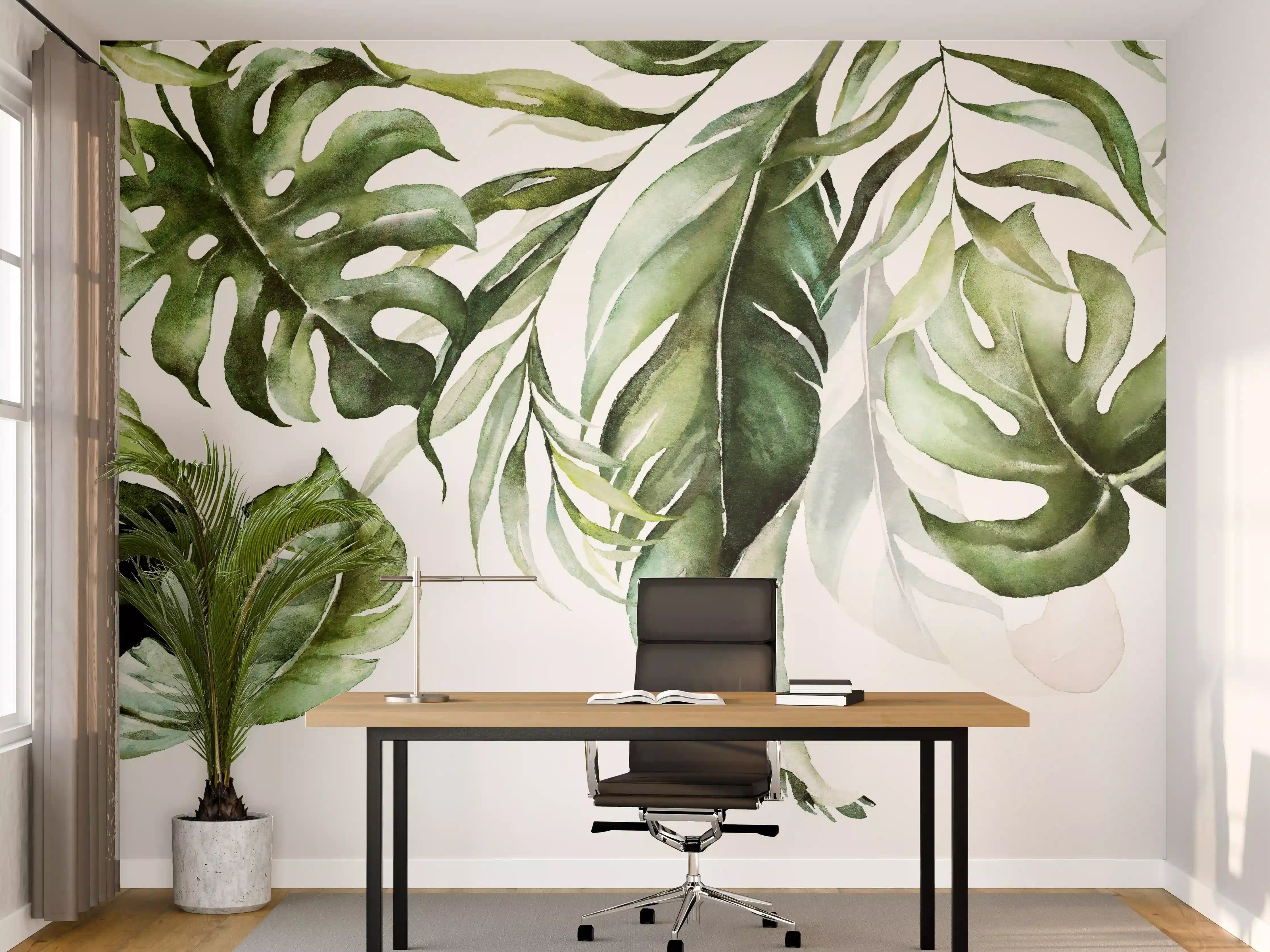 Büro Wandgestaltung - Grüne tropische Blätter Aquarell