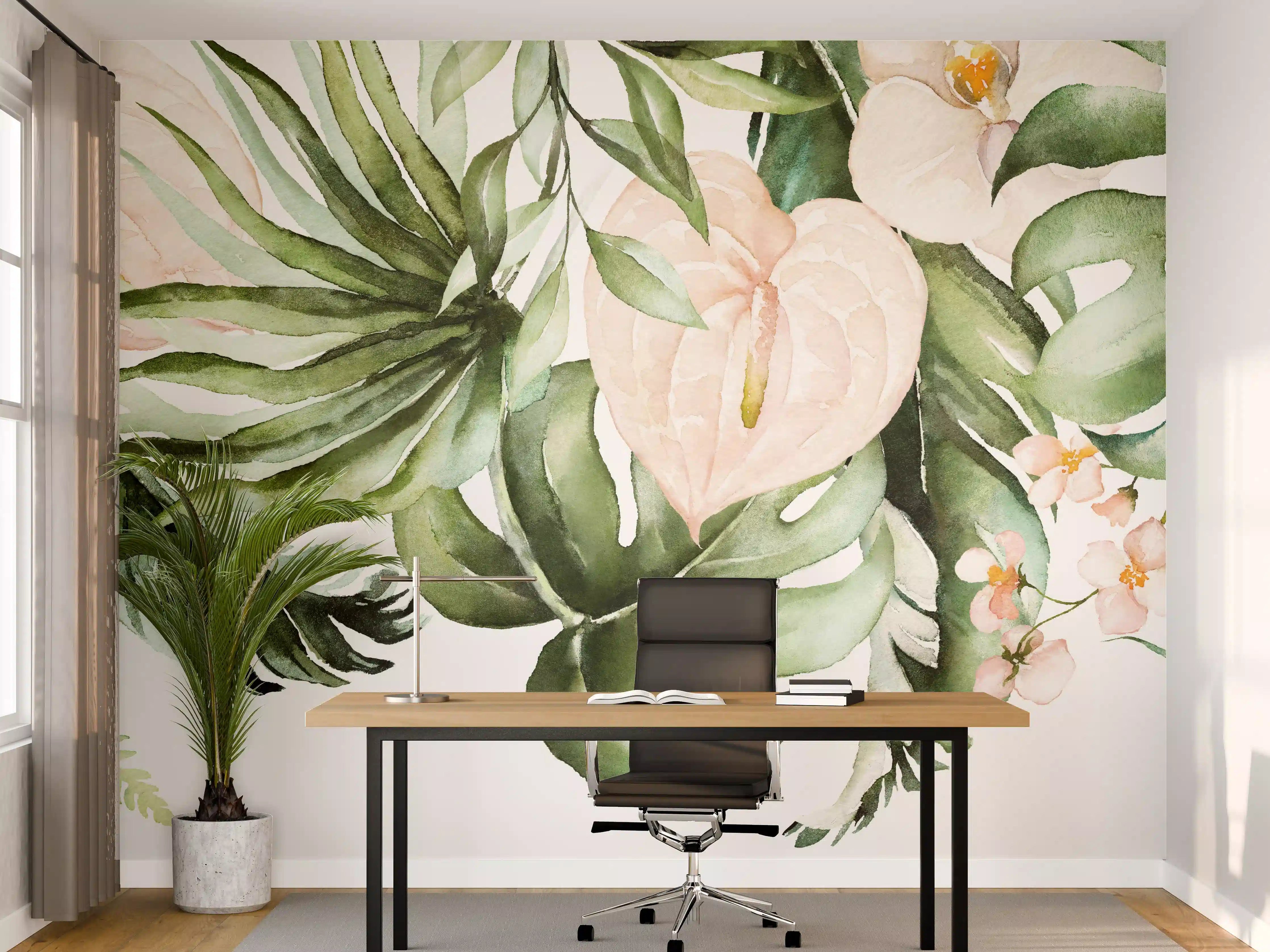 Büro Wandgestaltung - Grüner Dschungel mit exotischen Blumen