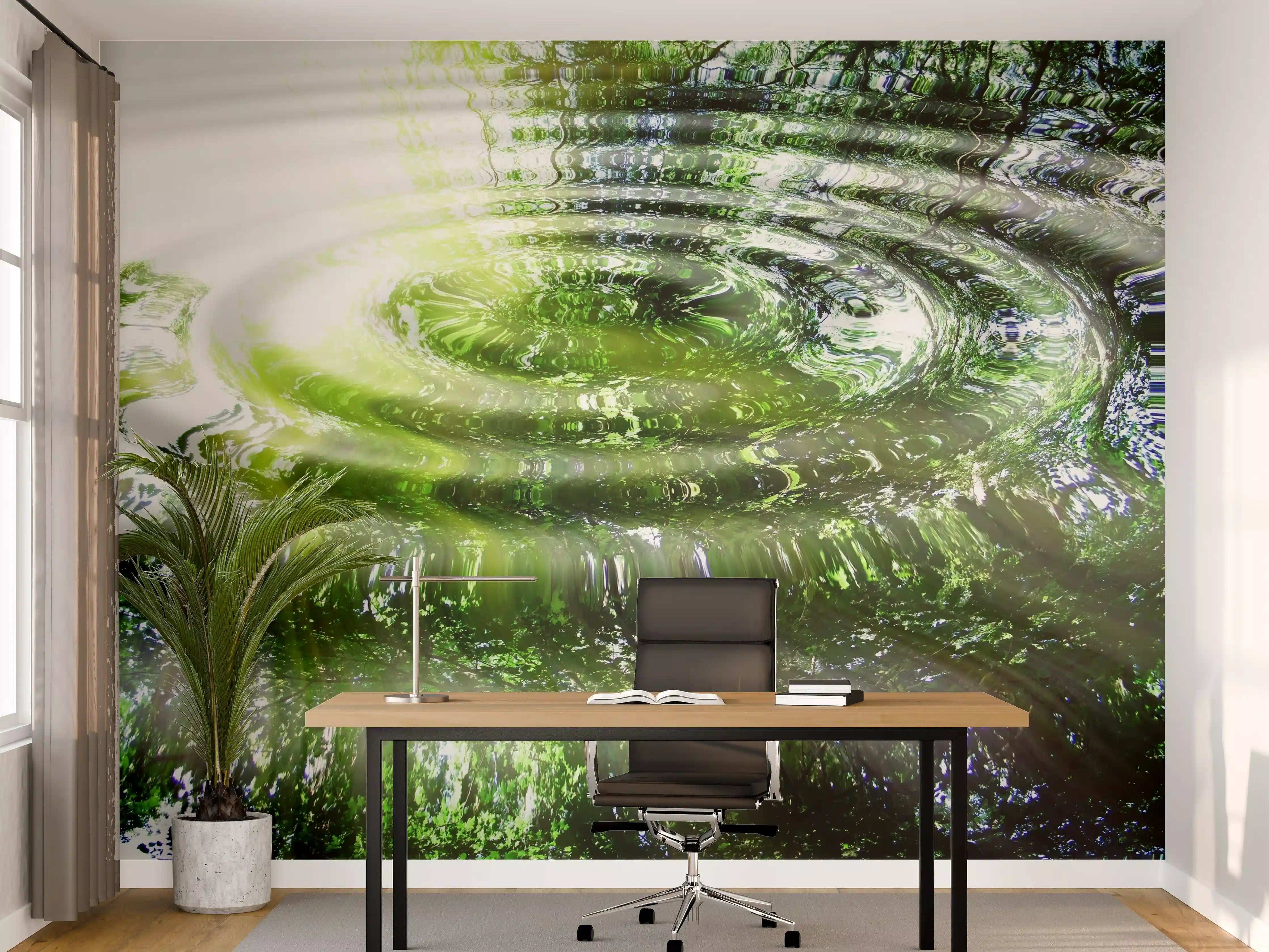 Büro Wandgestaltung - Grüner Wasserrauschen mit Spiegelungen