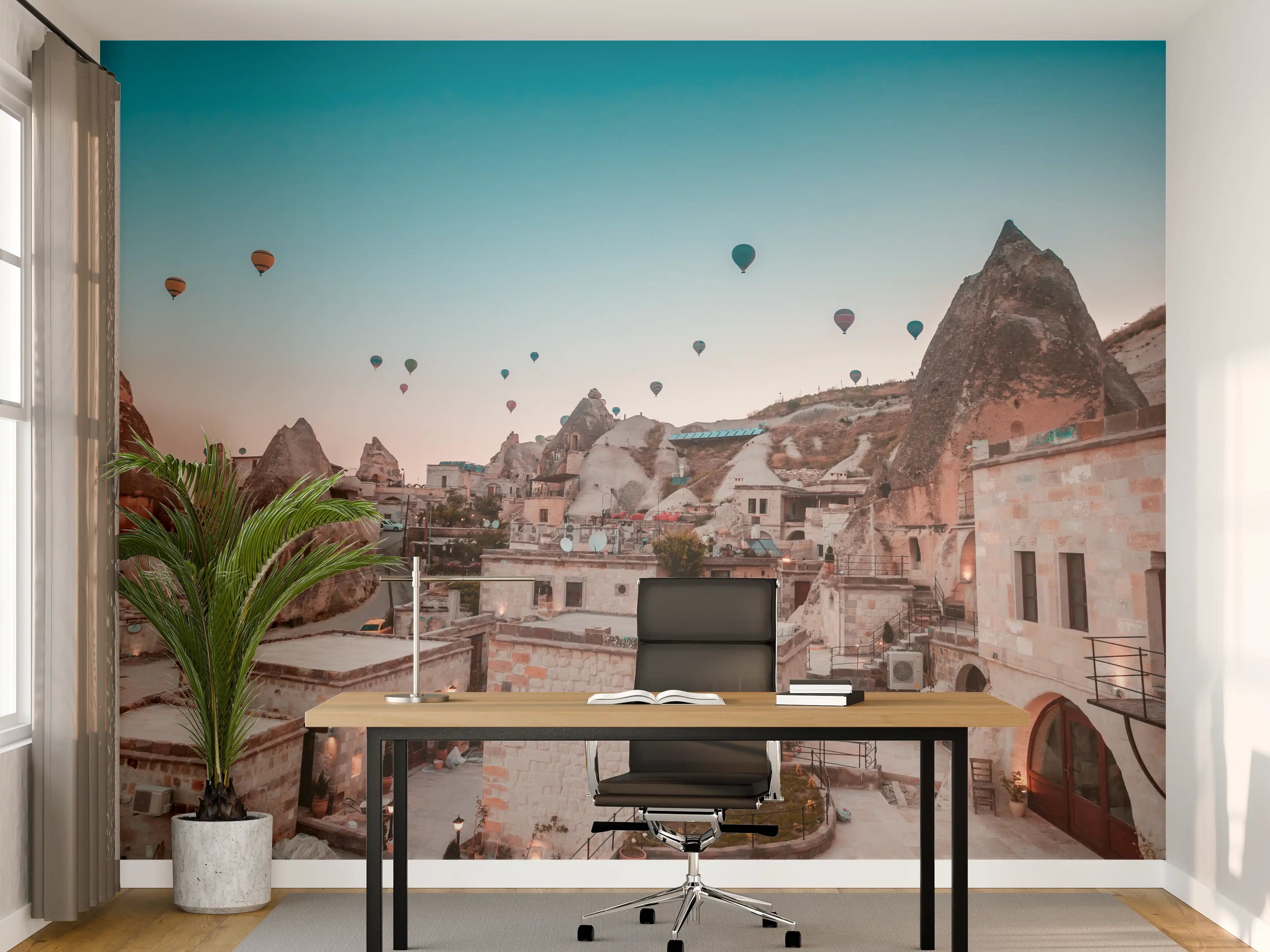 Büro Wandgestaltung - Heißluftballons über antiker Stadt bei Sonnenaufgang