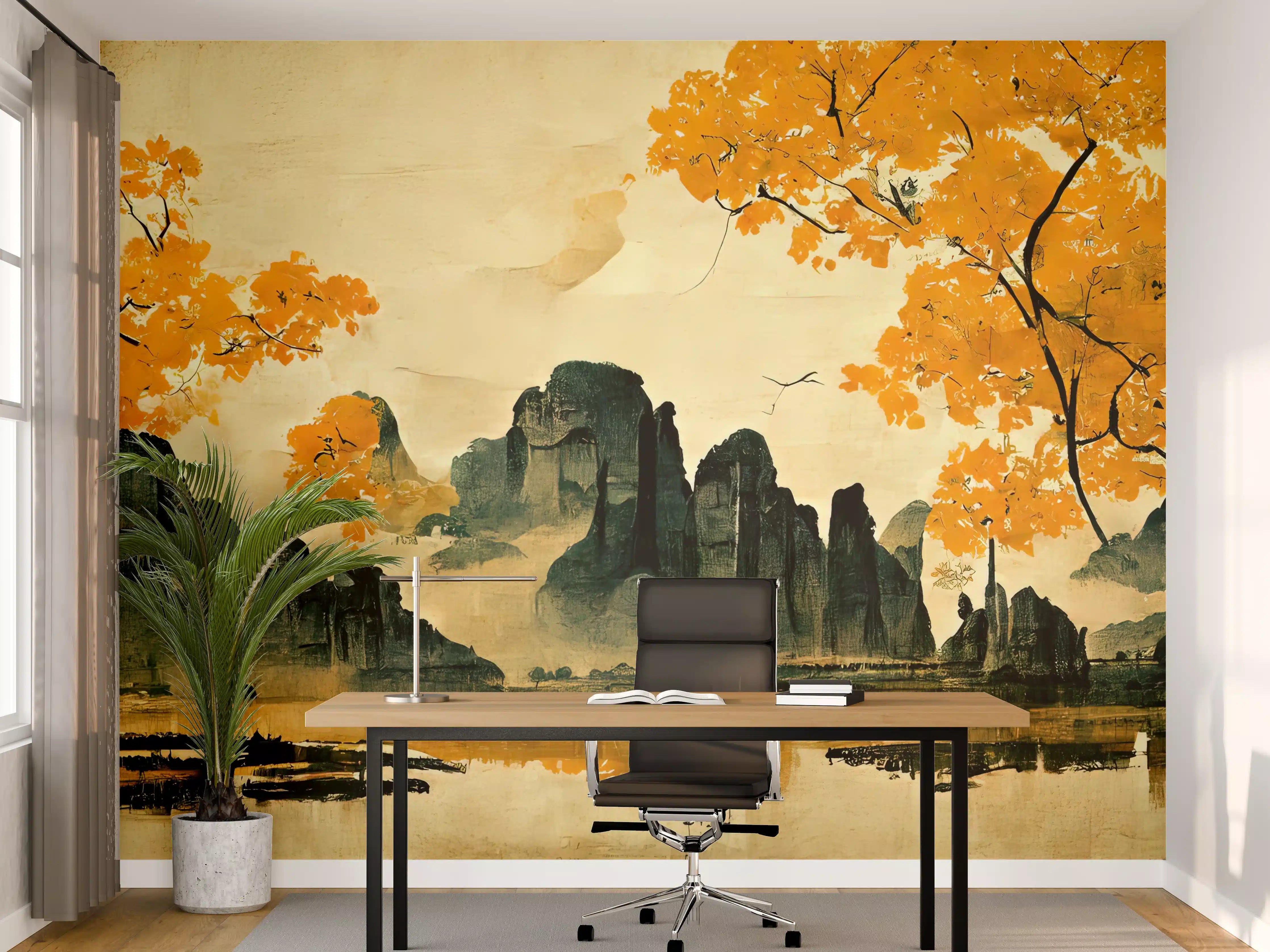 Büro Wandgestaltung - Herbstliche Landschaft mit bunten Bäumen und Felsen